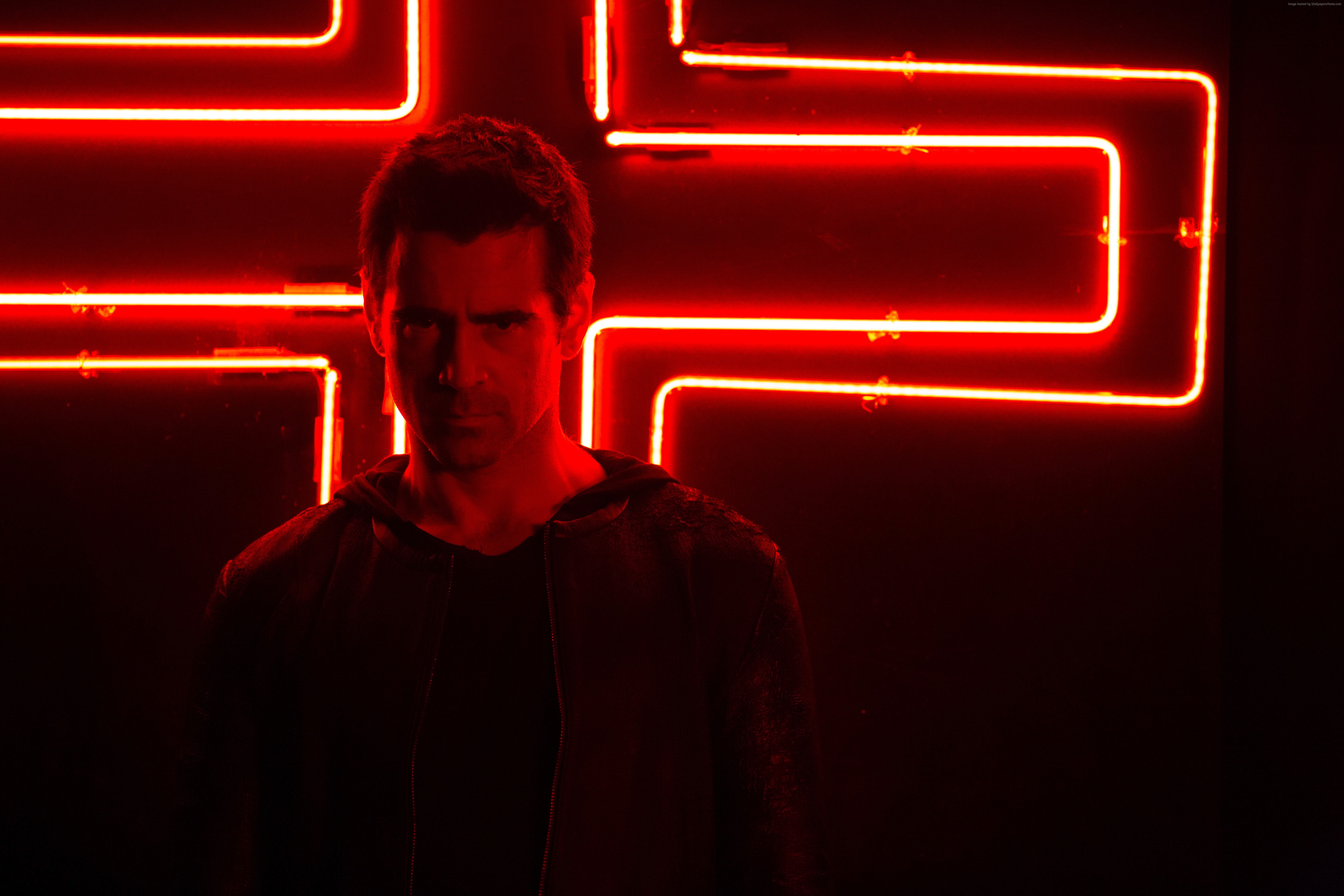 Colin Farrell in front of red neon lights HD Wallpaper