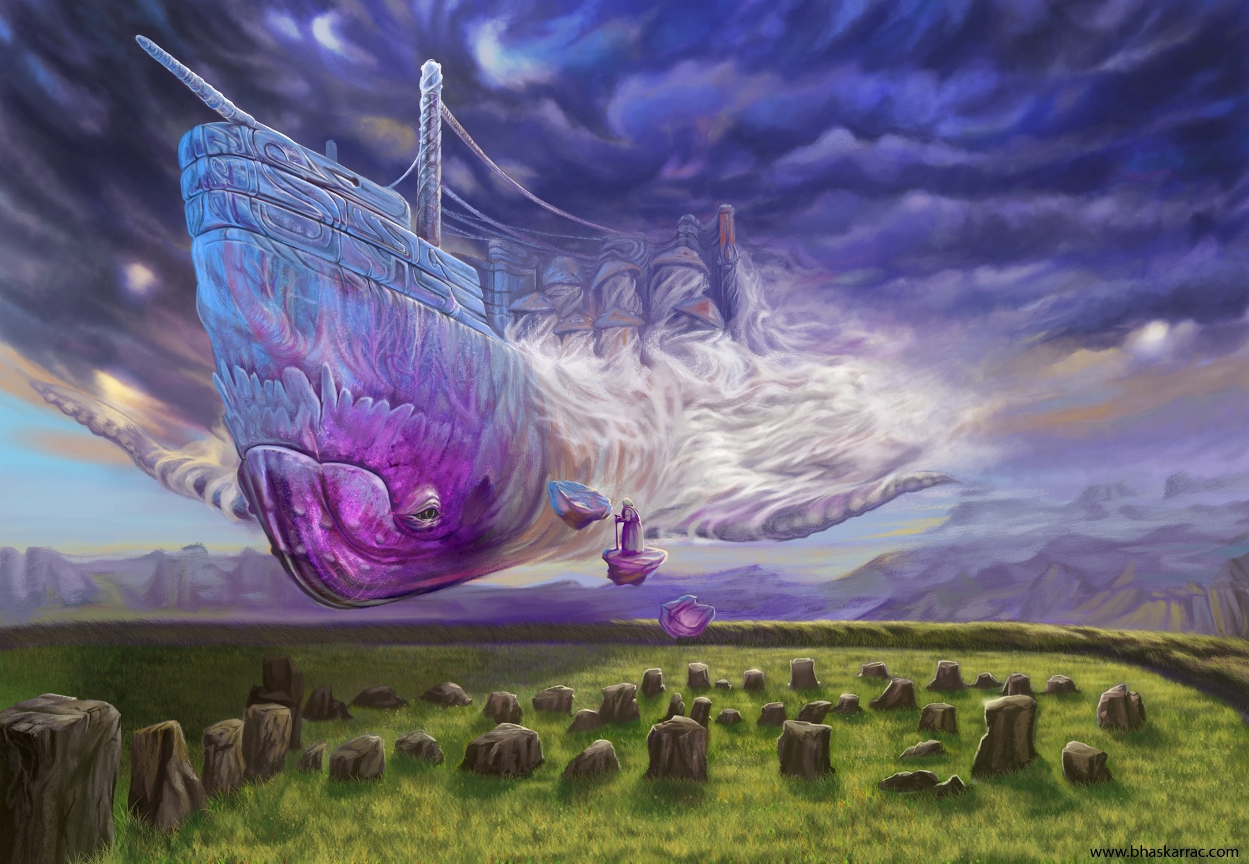 Whale-shaped ship flying over a field of stones HD Wallpaper