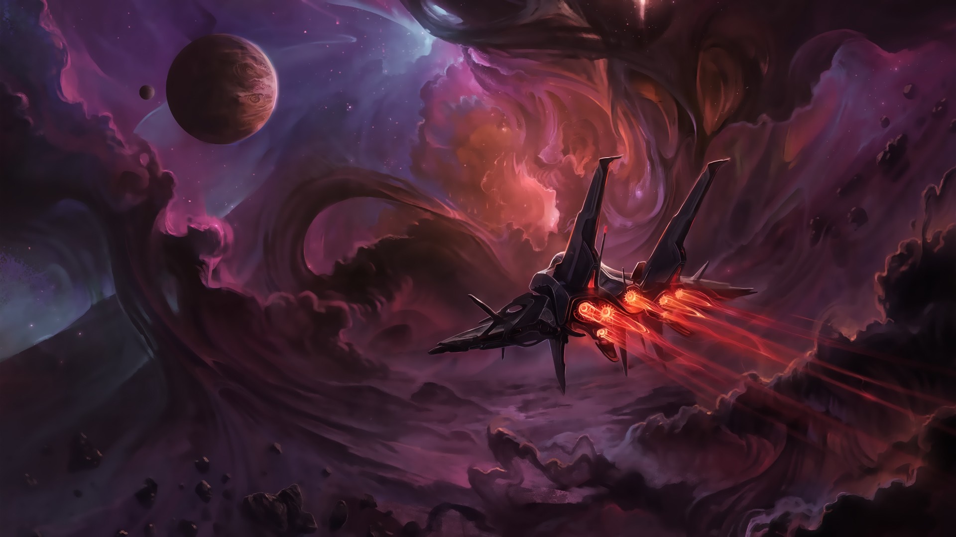Spaceship flying through a colorful nebula with planets HD Wallpaper