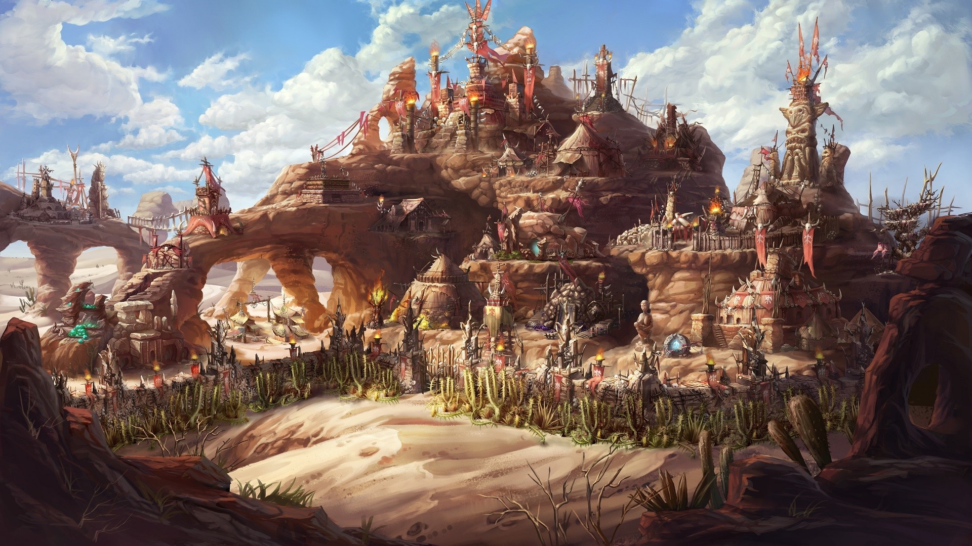 Fantasy desert settlement with rocky structures and tents HD Wallpaper