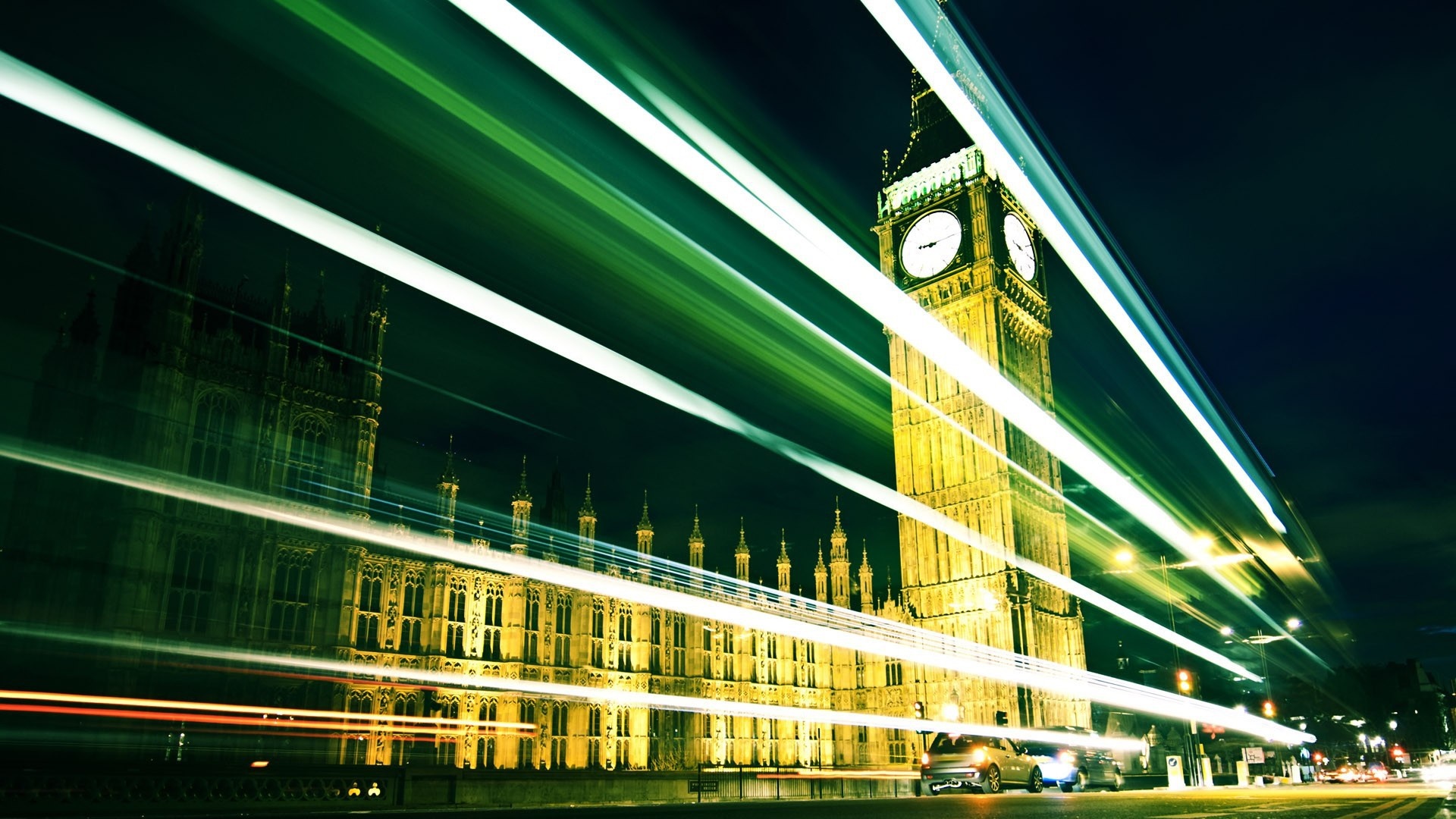 Big Ben and Parliament at night with light trails HD Wallpaper