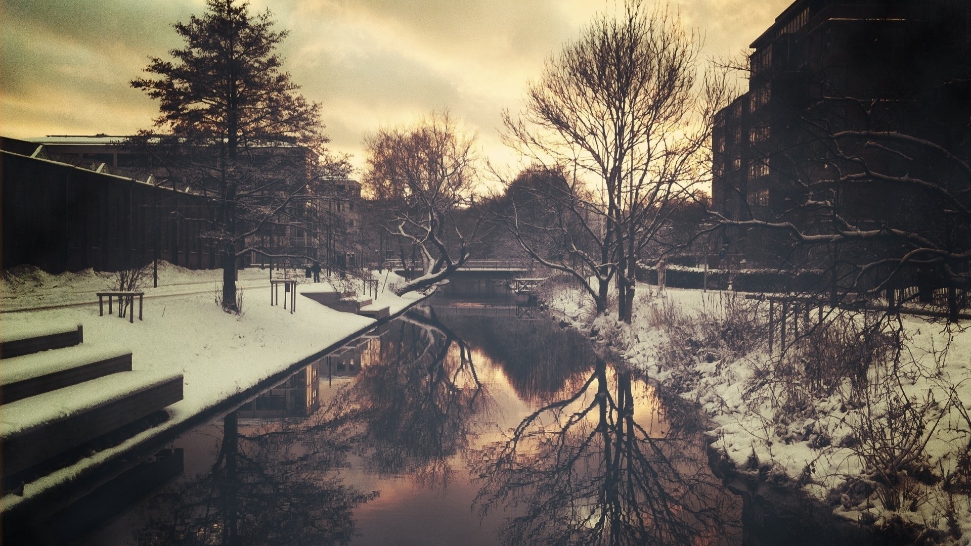 Winter canal with snow and reflections at sunset HD Wallpaper