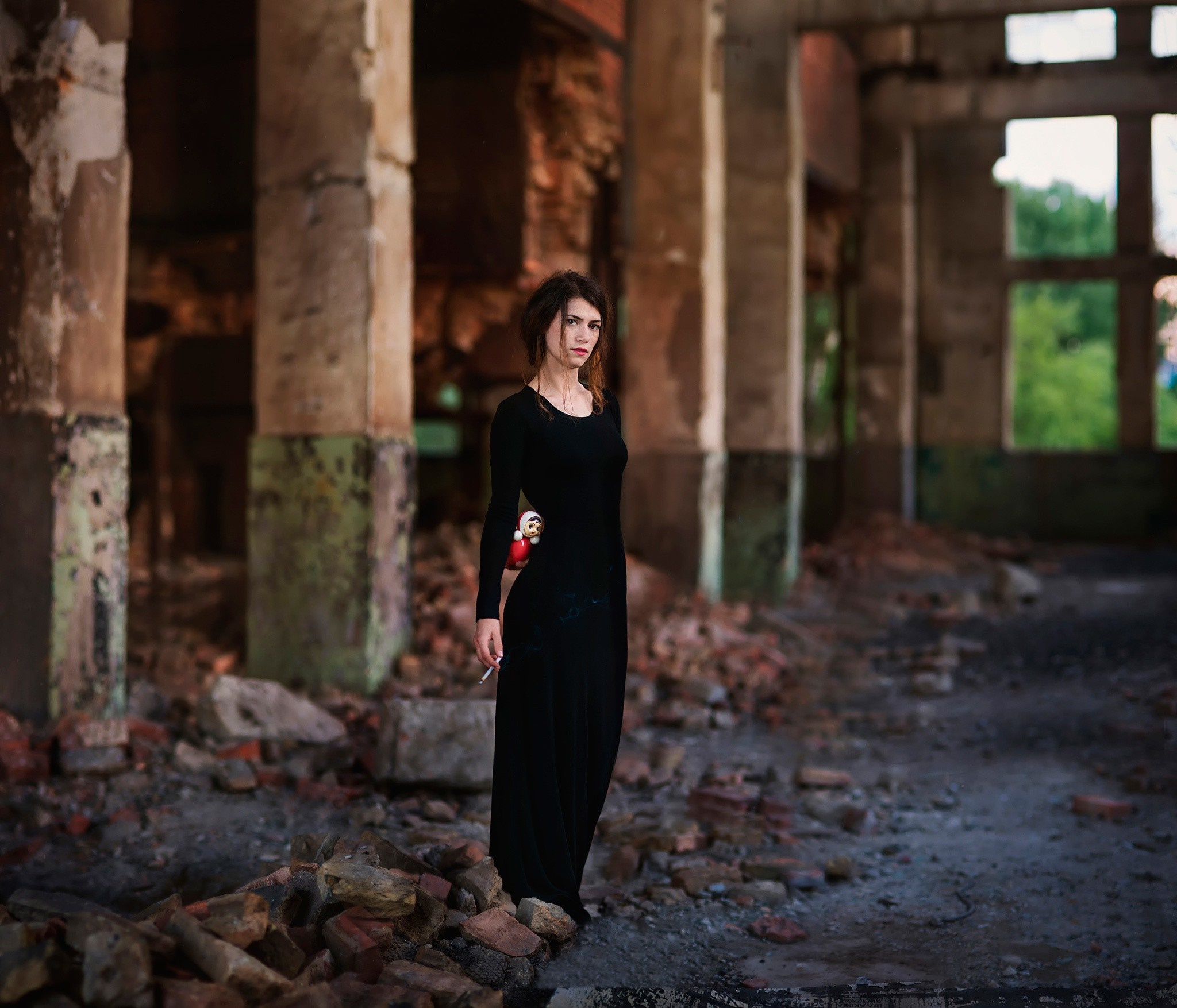 Woman in black dress holding cigarette in abandoned building HD Wallpaper