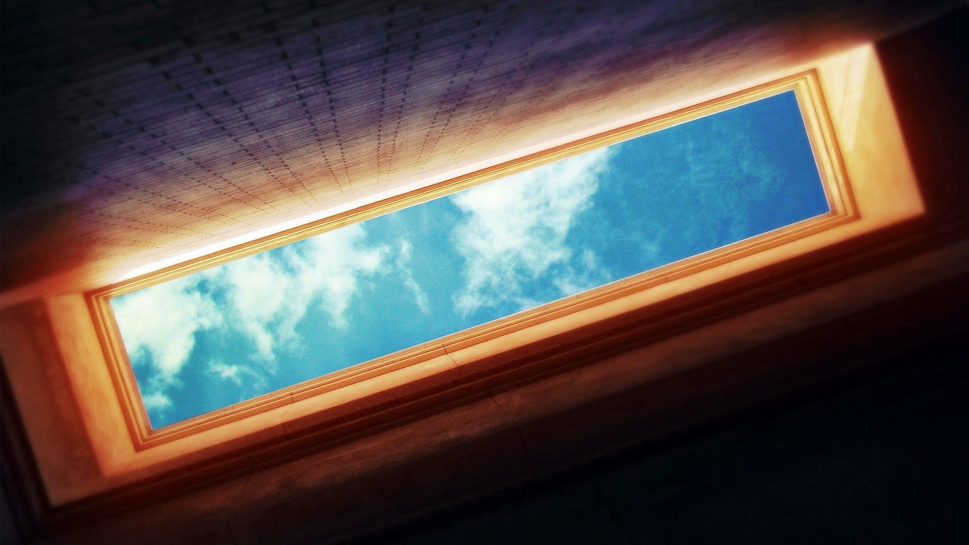 Rectangular skylight showing blue sky with clouds HD Wallpaper