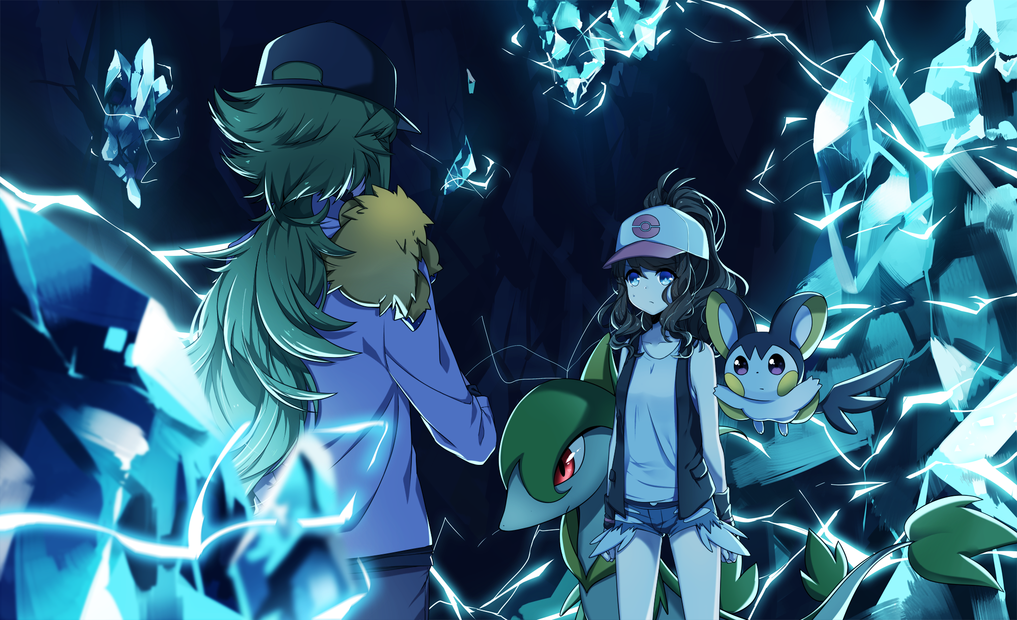 N and Hilda with Pokémon in a cave HD Wallpaper