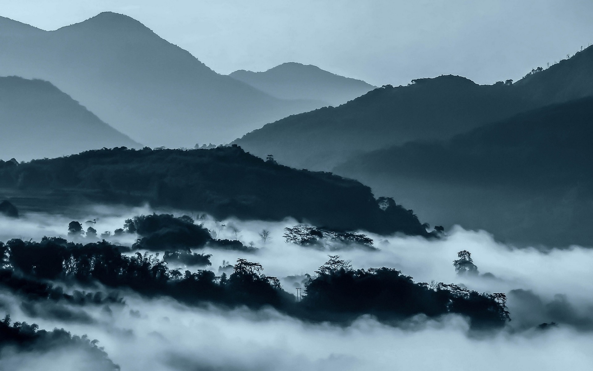 Misty mountains at dawn with layers of fog HD Wallpaper