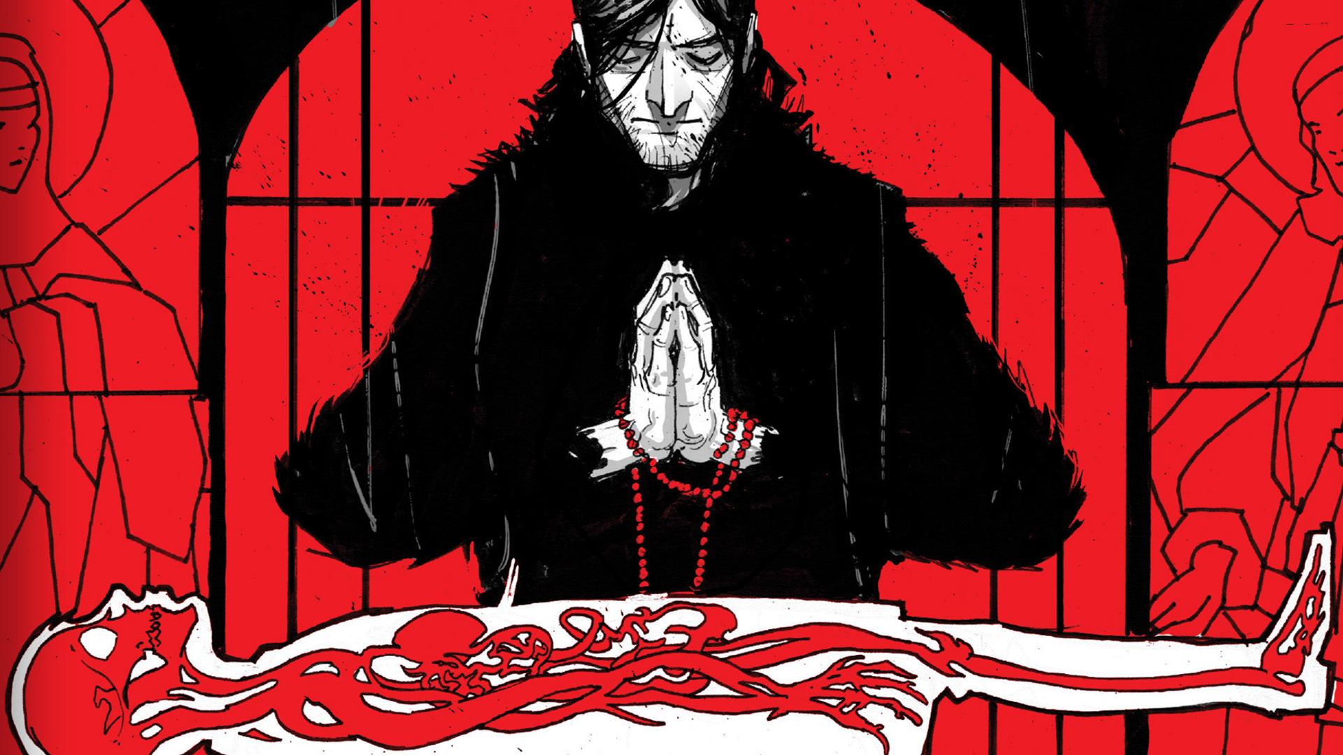 Man in black praying over a skeleton with red veins HD Wallpaper