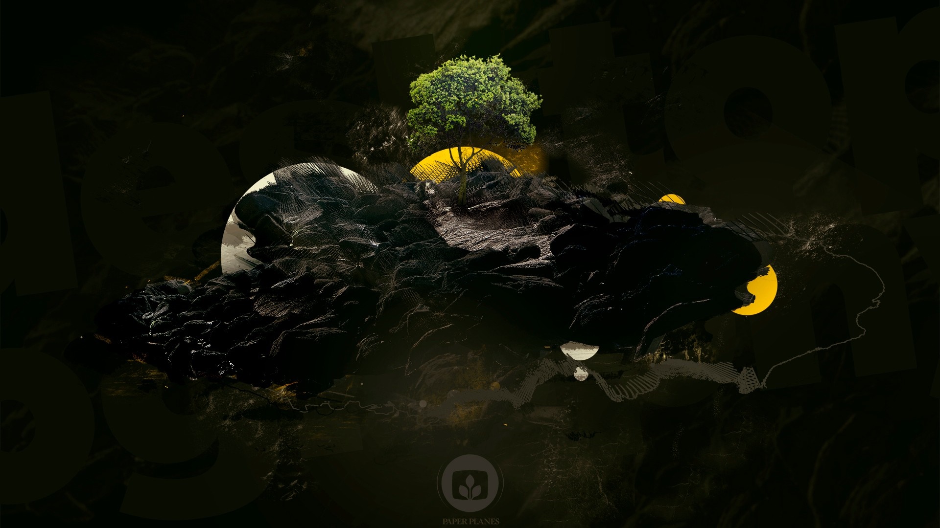 Surreal landscape with tree and planets HD Wallpaper