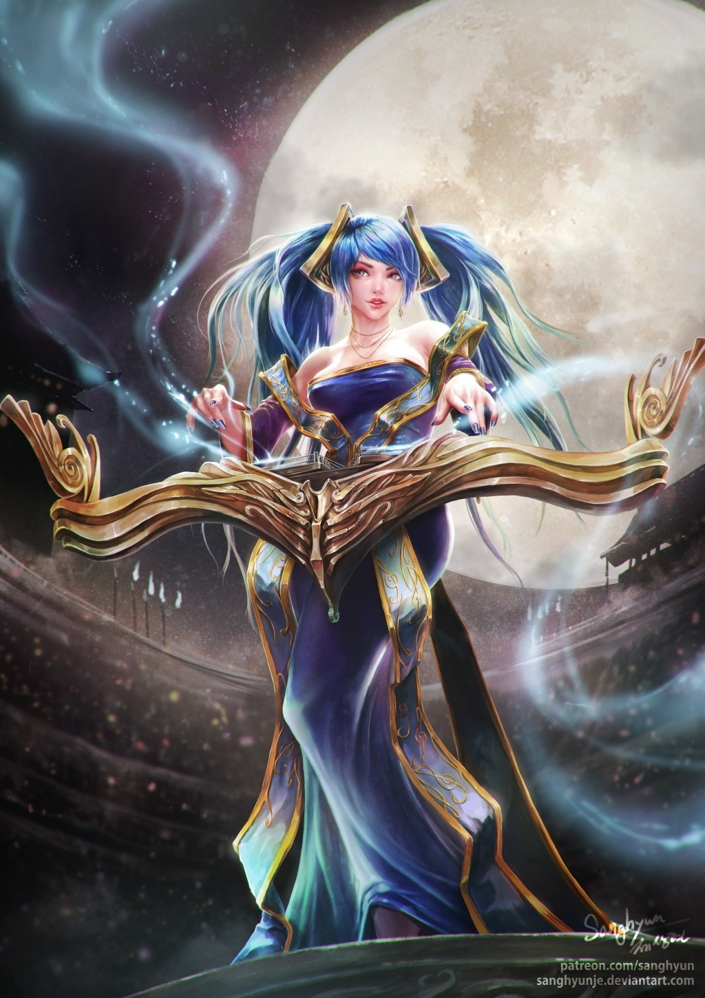 Sona from League of Legends playing a string instrument HD Wallpaper