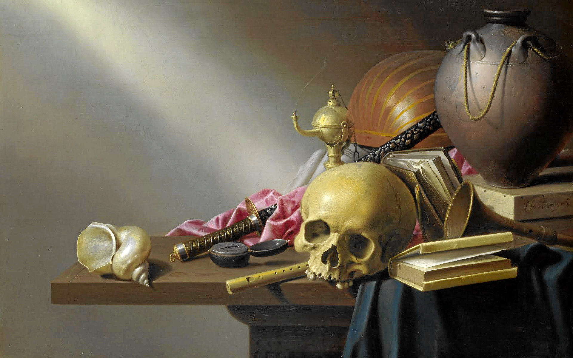 Still life with skull, musical instruments, and books HD Wallpaper