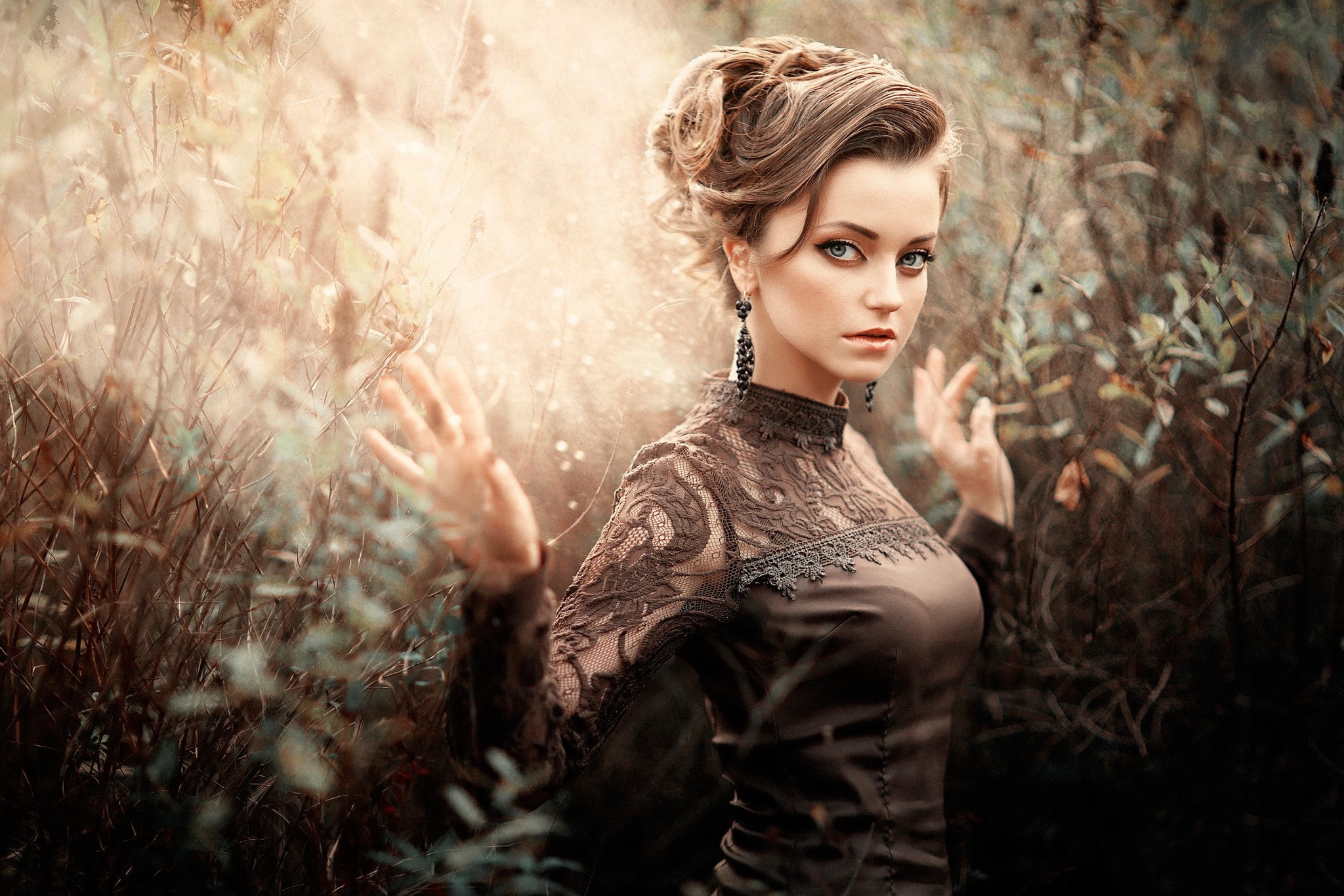 Woman in a dark lace dress in a forest HD Wallpaper