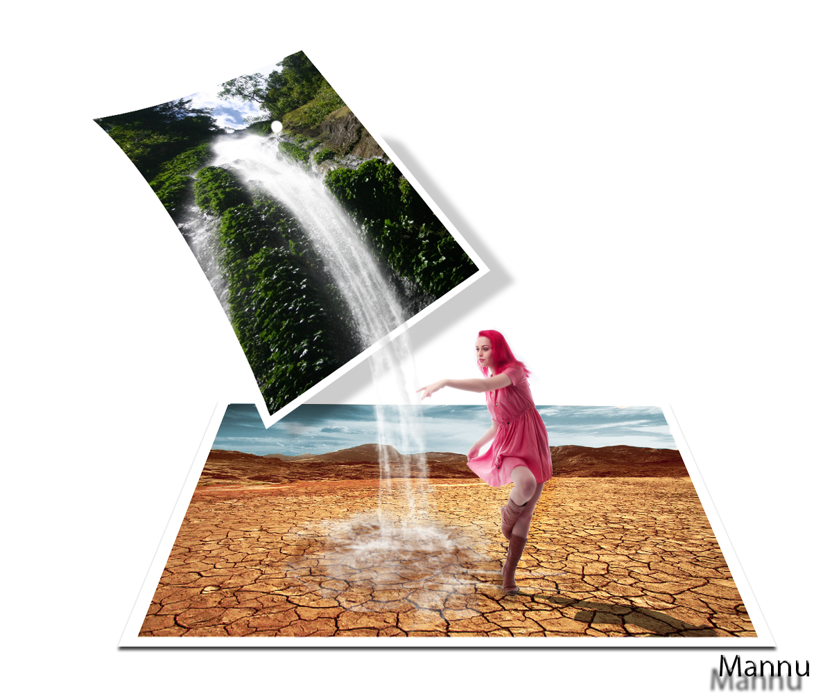 Woman in pink dress with waterfall and desert landscape HD Wallpaper