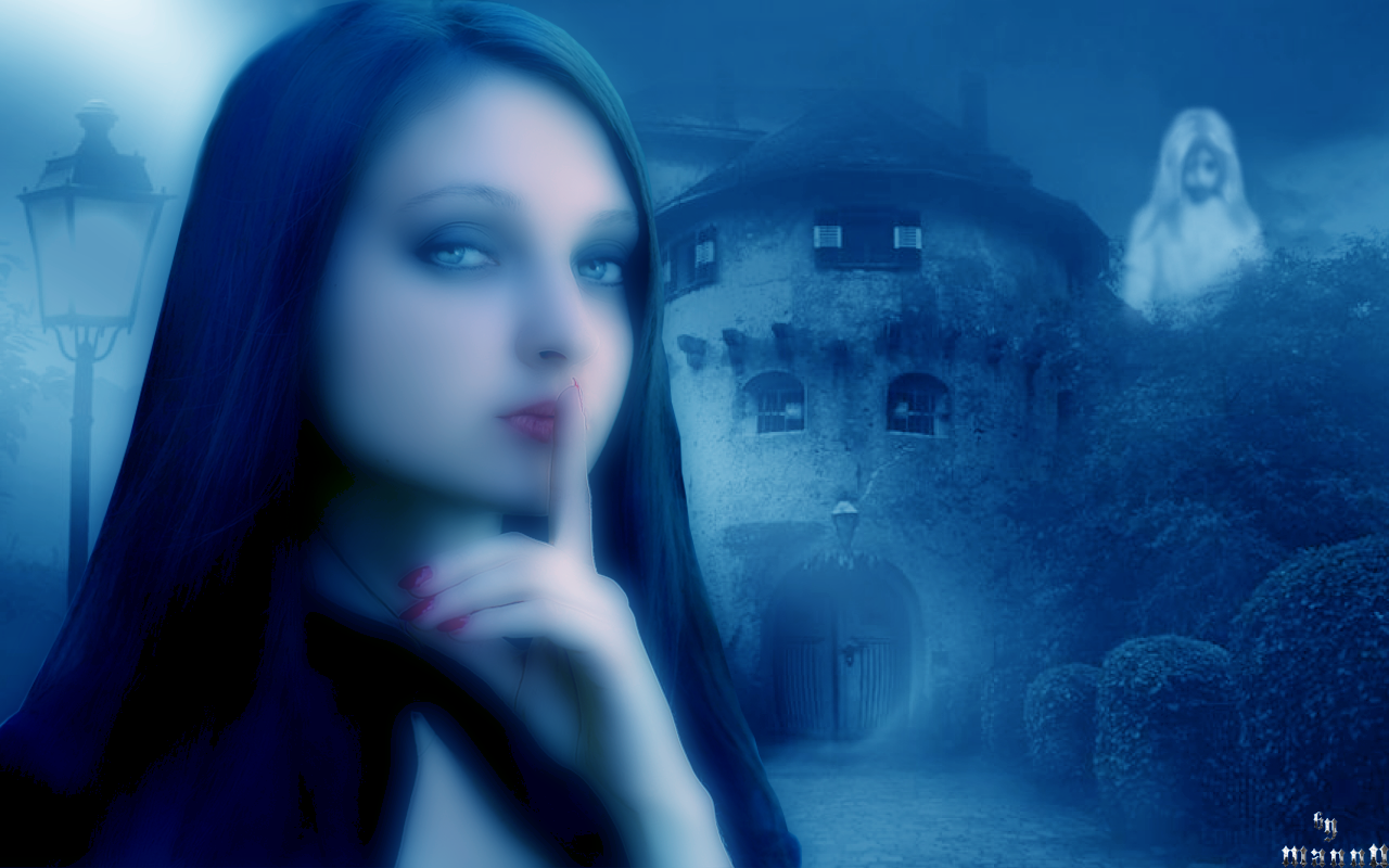 Woman in front of haunted castle with ghost HD Wallpaper