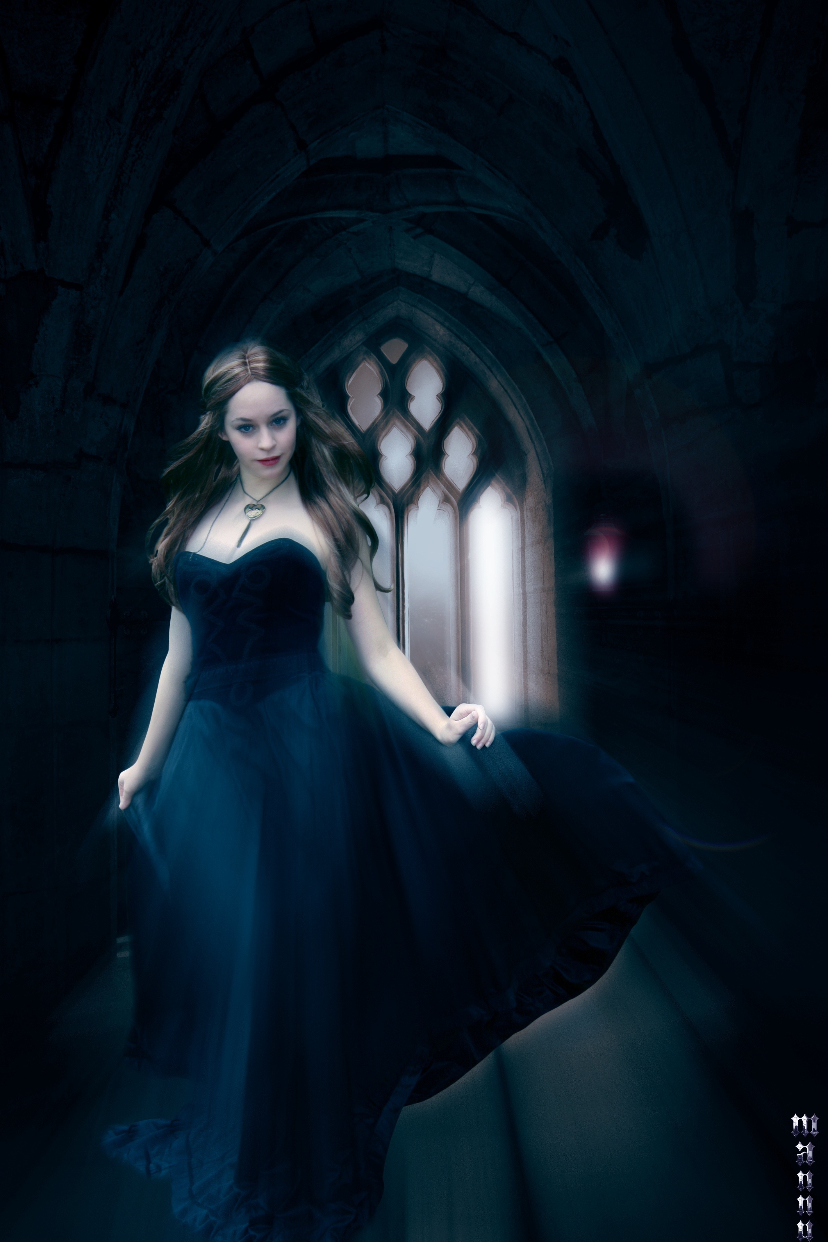 Woman in a dark blue gown in a gothic hall HD Wallpaper