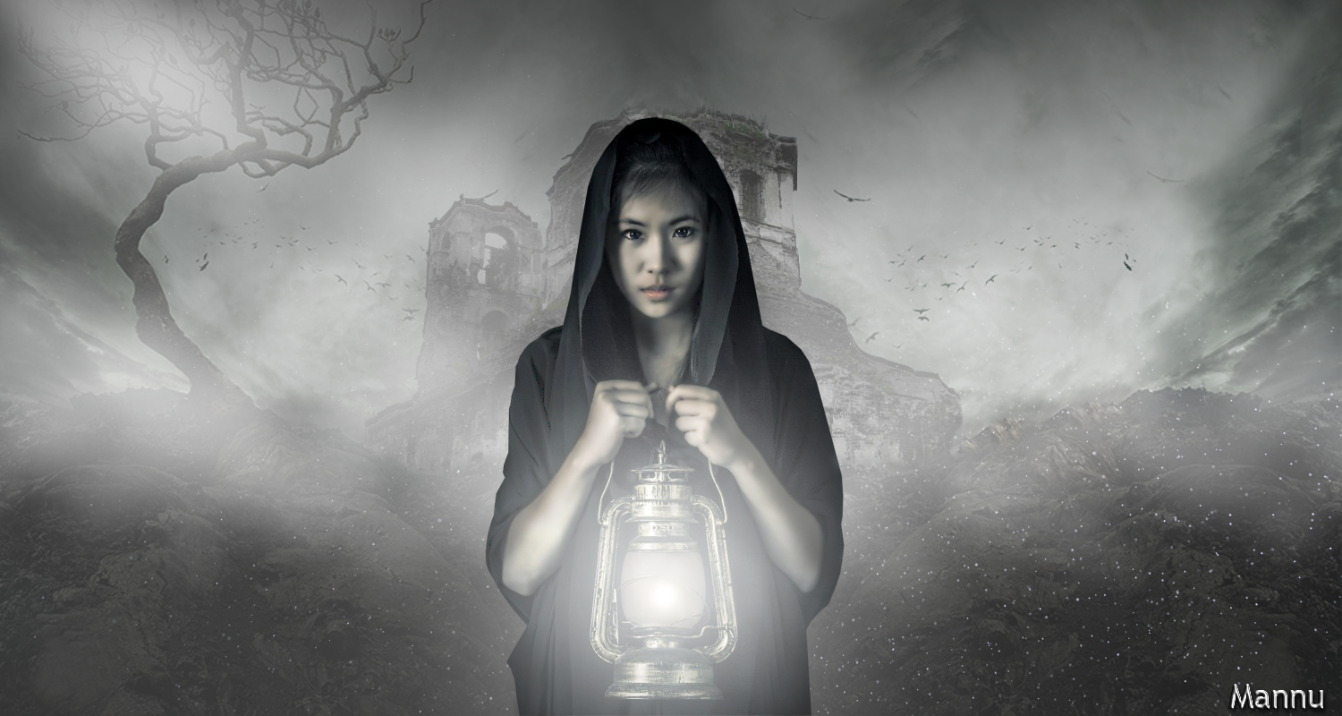 Girl in black hood holding lantern in front of ruins HD Wallpaper