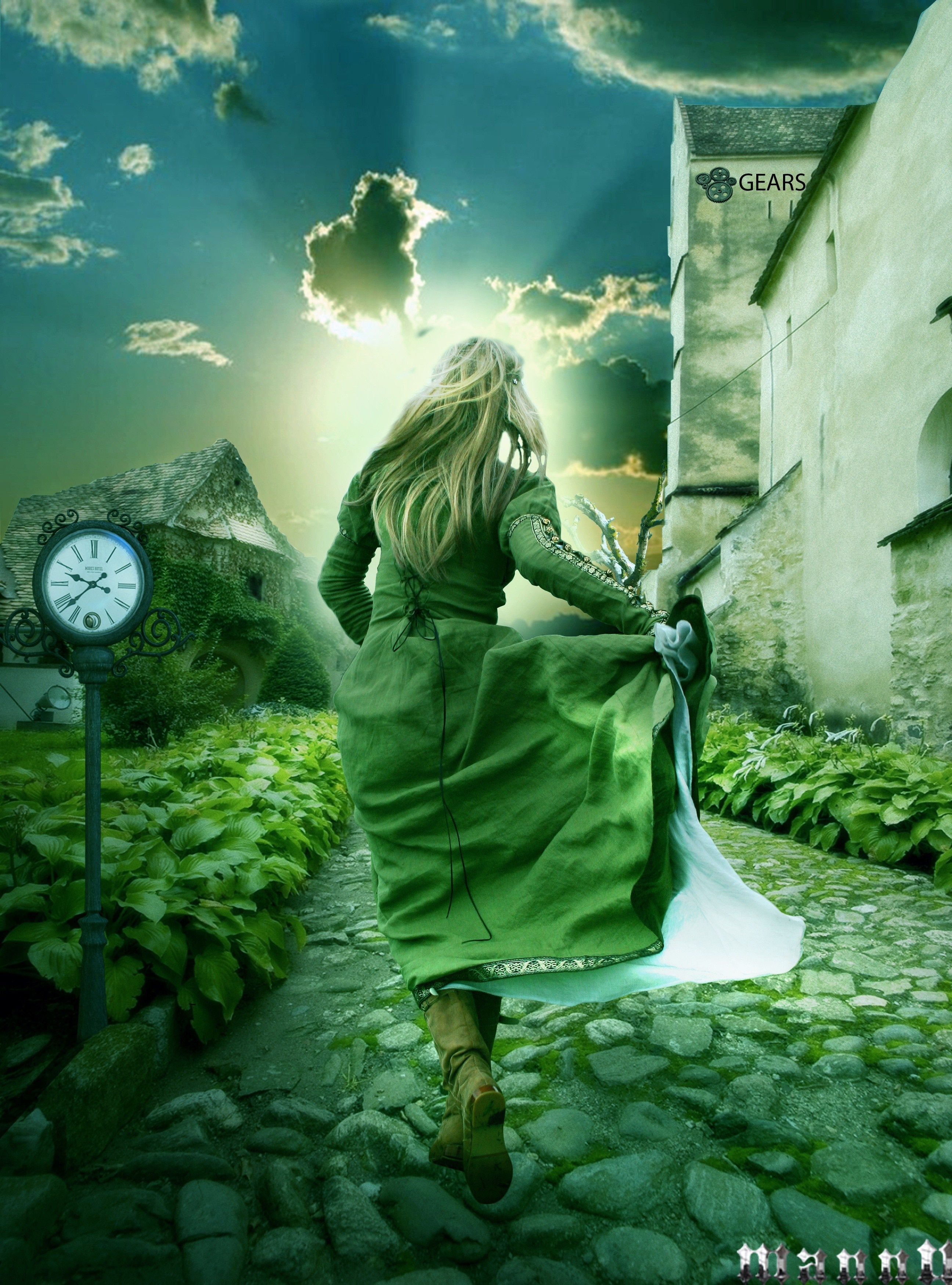 Woman in green dress running past clock tower HD Wallpaper