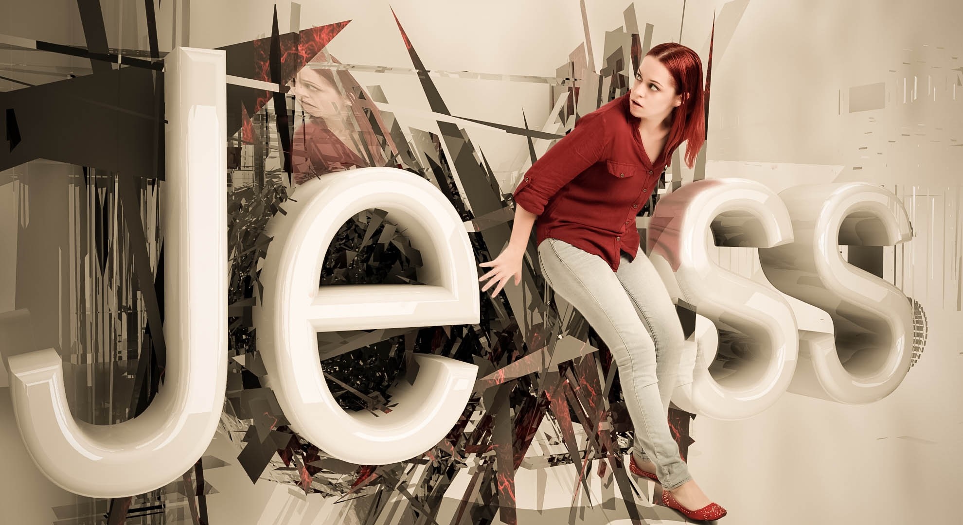Woman interacting with large 3D letters HD Wallpaper
