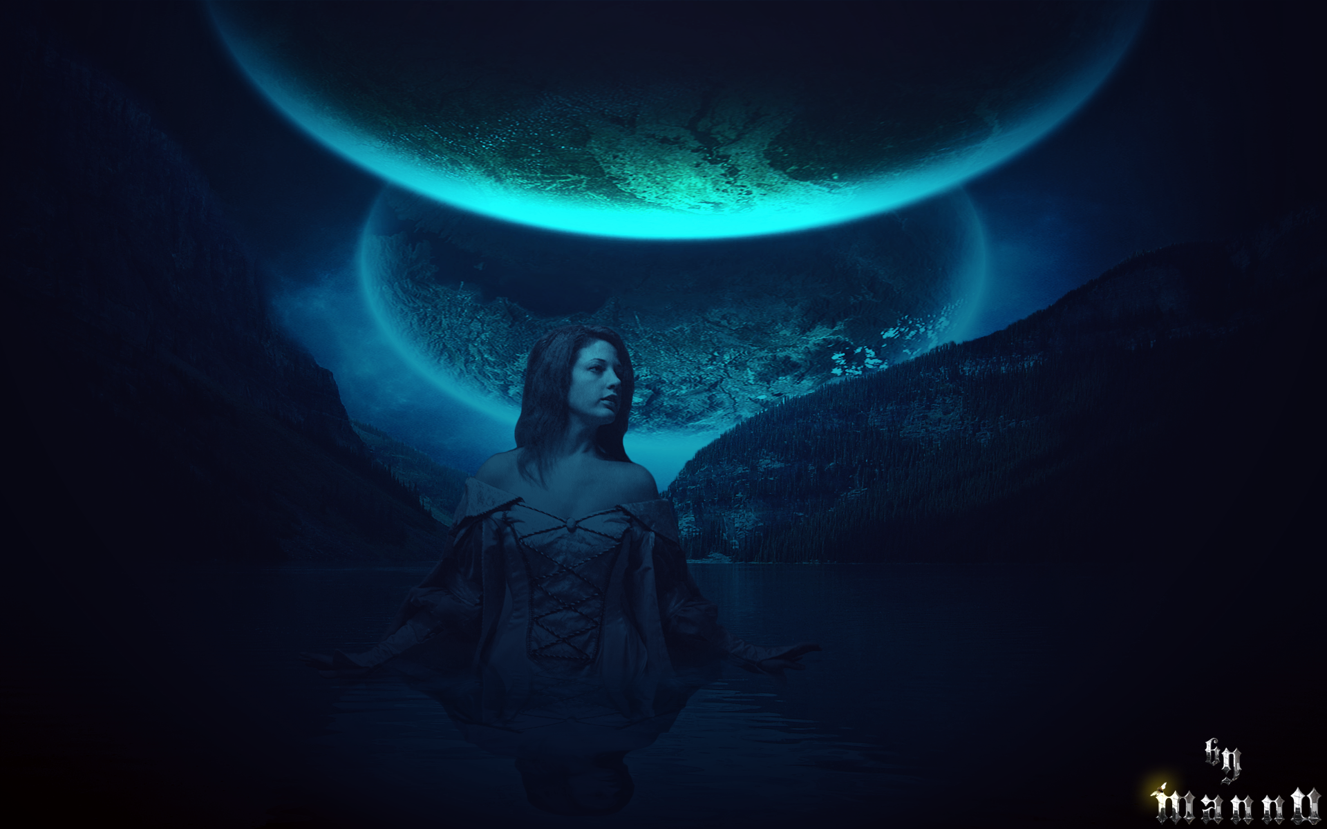 Woman in a fantasy landscape with two moons HD Wallpaper