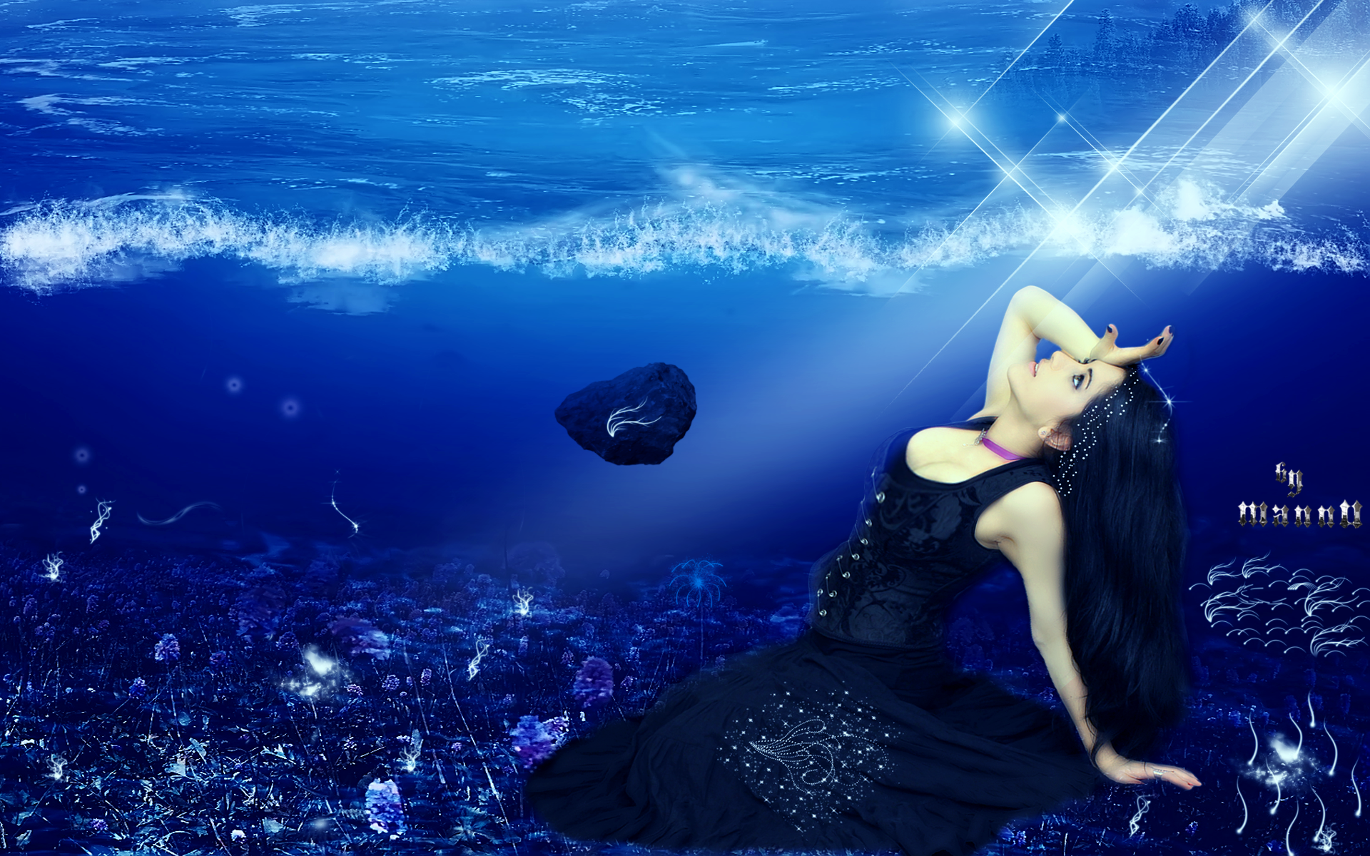 Woman in black dress underwater with light beams HD Wallpaper