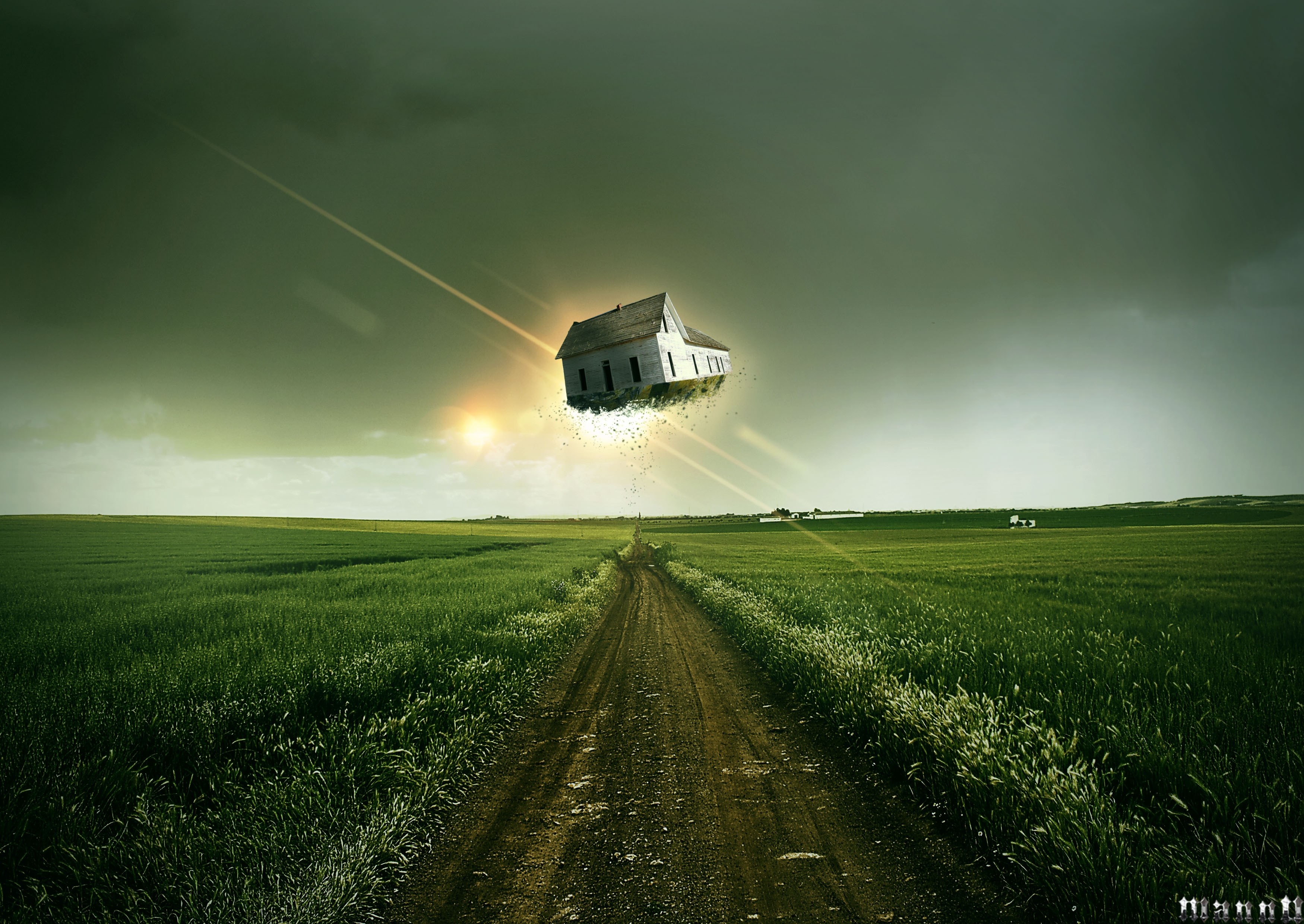 Floating house over a green field HD Wallpaper
