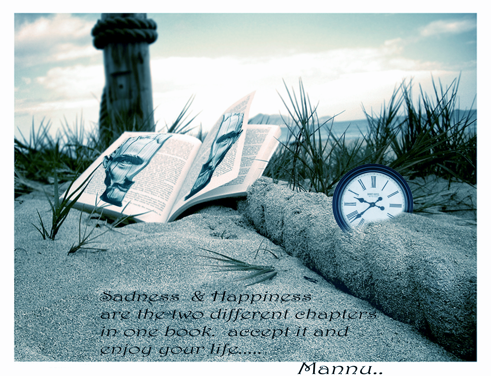 Book with faces and clock on a beach with quote HD Wallpaper