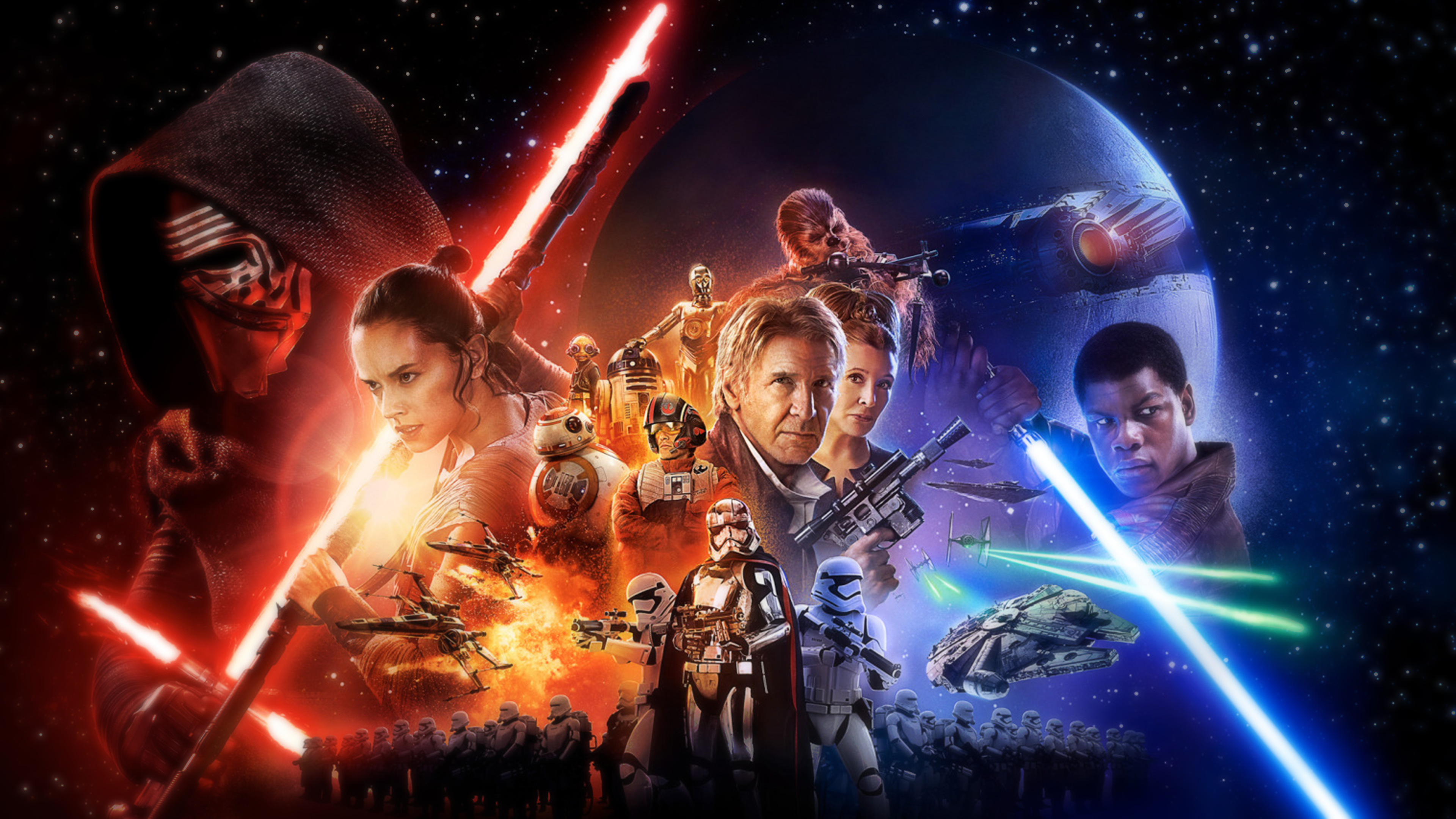 Star Wars The Force Awakens characters with lightsabers and ships HD Wallpaper