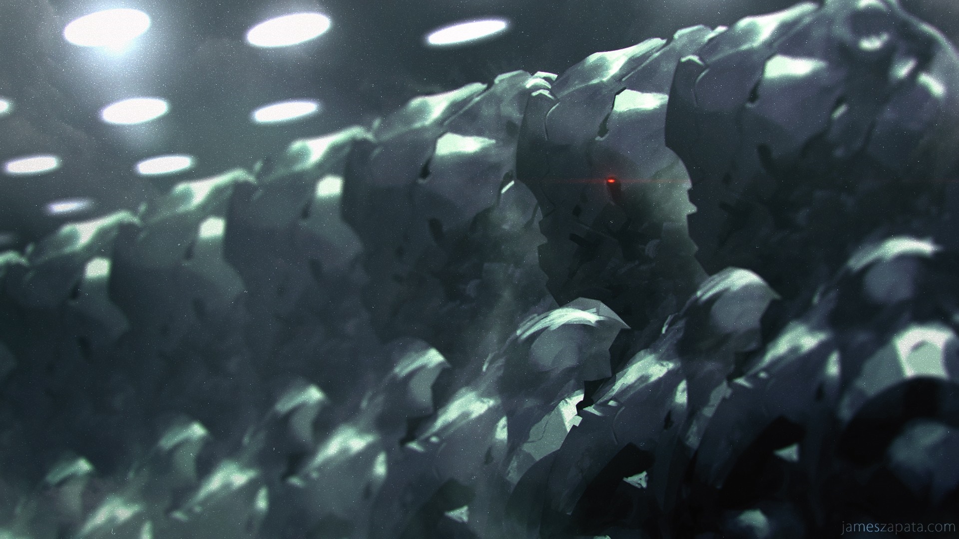 Robotic Sentinel with red eye in dark environment HD Wallpaper