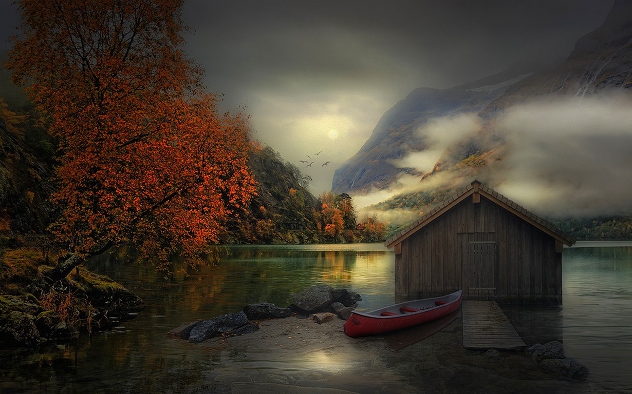 Autumn landscape with boathouse and canoe on lake HD Wallpaper