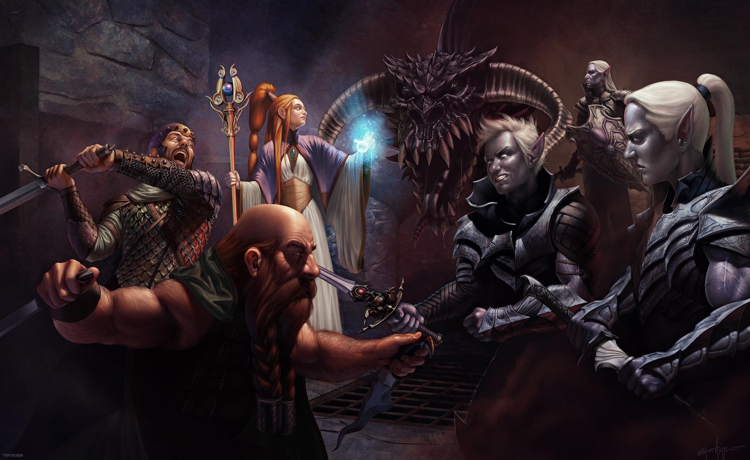Fantasy characters fighting a dragon HD Wallpaper