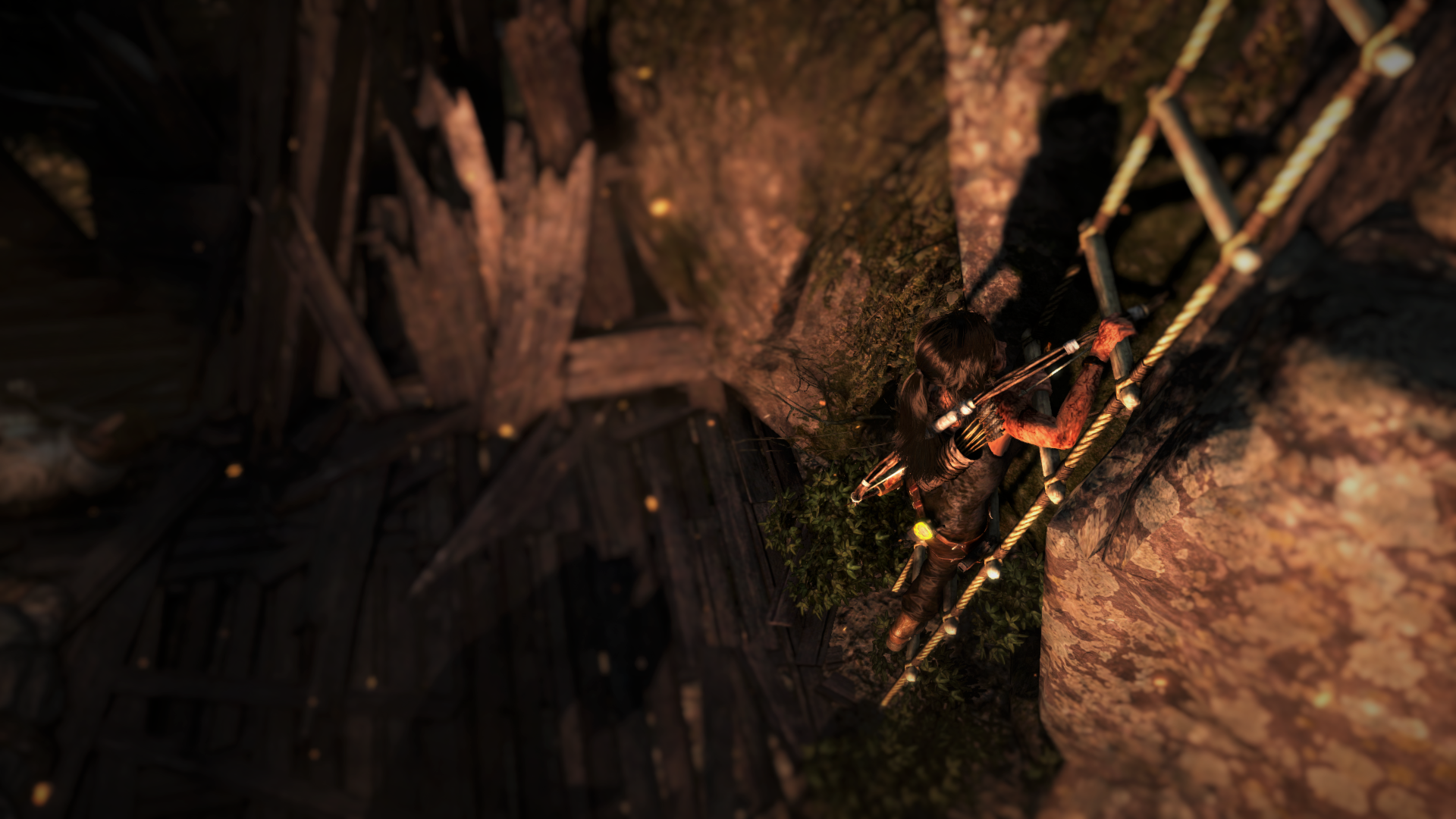 Lara Croft from Tomb Raider climbing a rope ladder HD Wallpaper