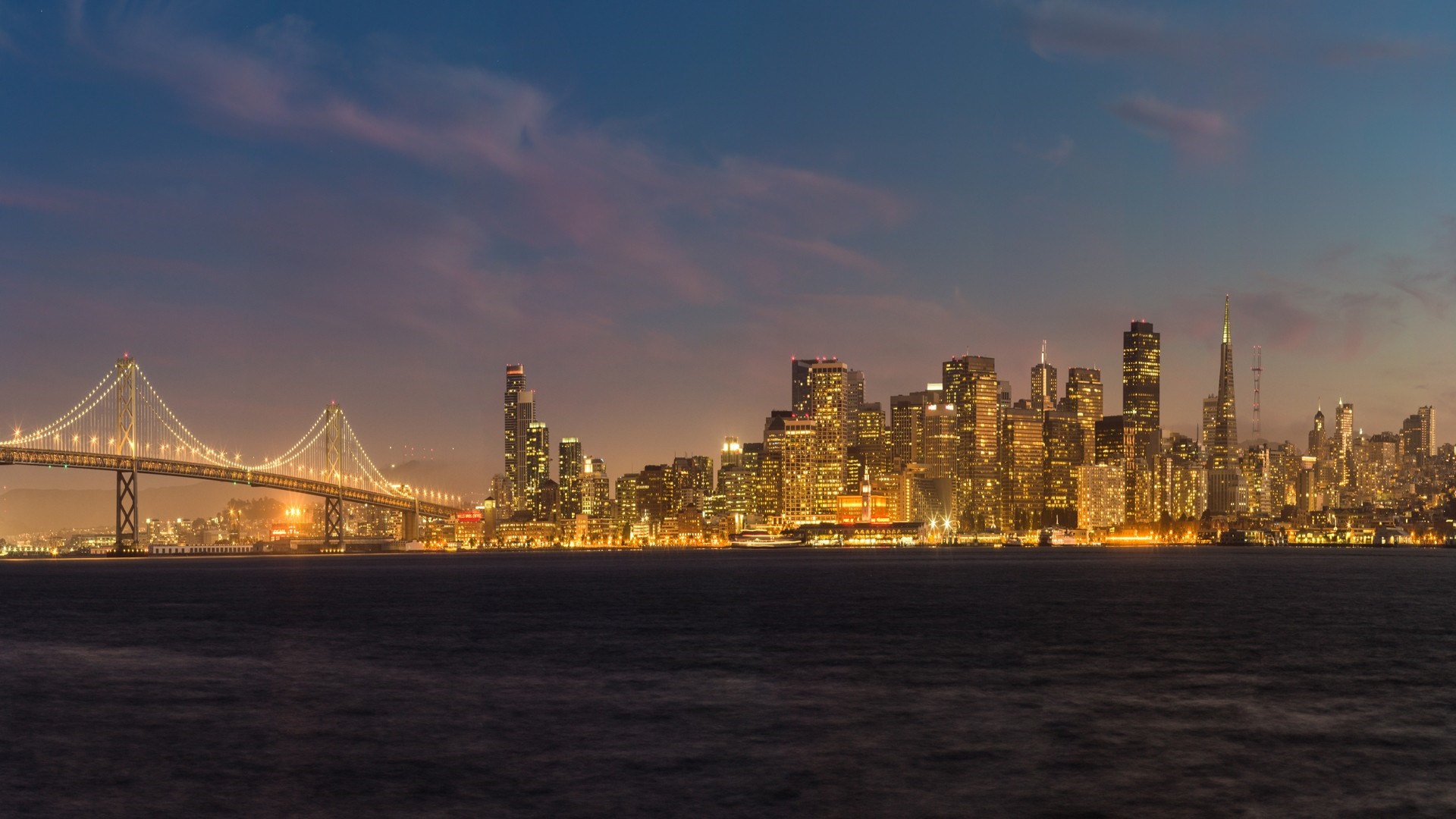 San Francisco Bay Bridge and Skyline at Dusk HD Wallpaper