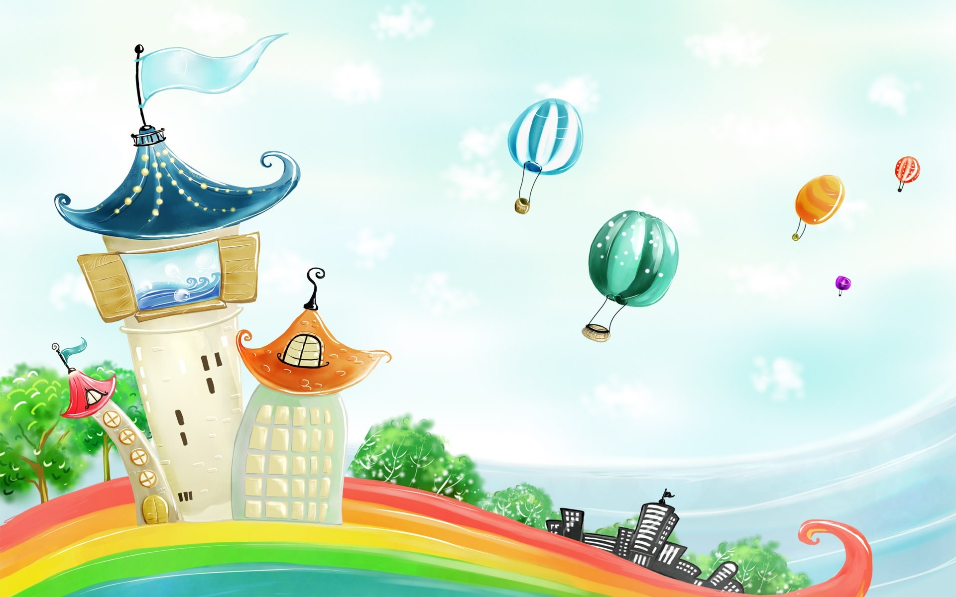 Fantasy illustration of a whimsical town with hot air balloons HD Wallpaper