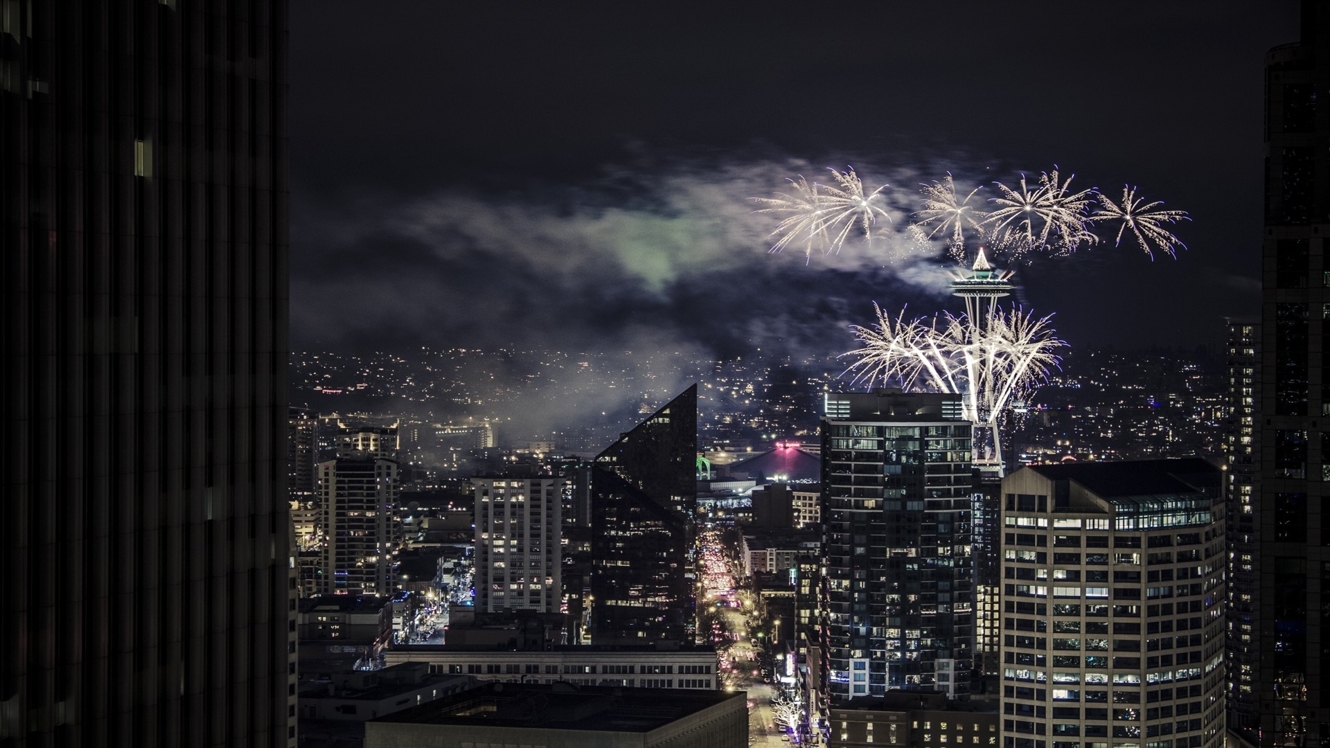 Seattle skyline with Space Needle and fireworks at night HD Wallpaper