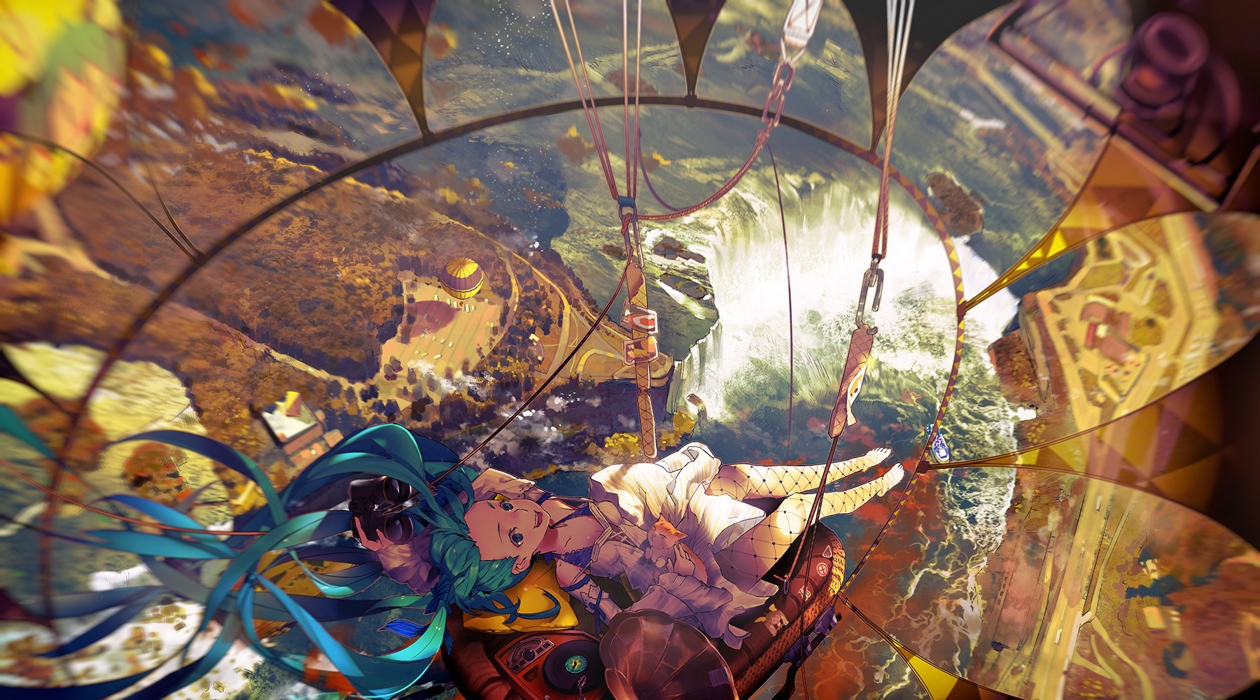 Hatsune Miku in a hot air balloon over a landscape HD Wallpaper