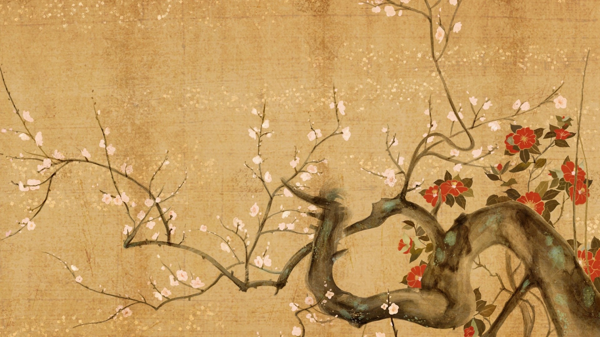 Painting of a tree with cherry blossoms and red flowers HD Wallpaper