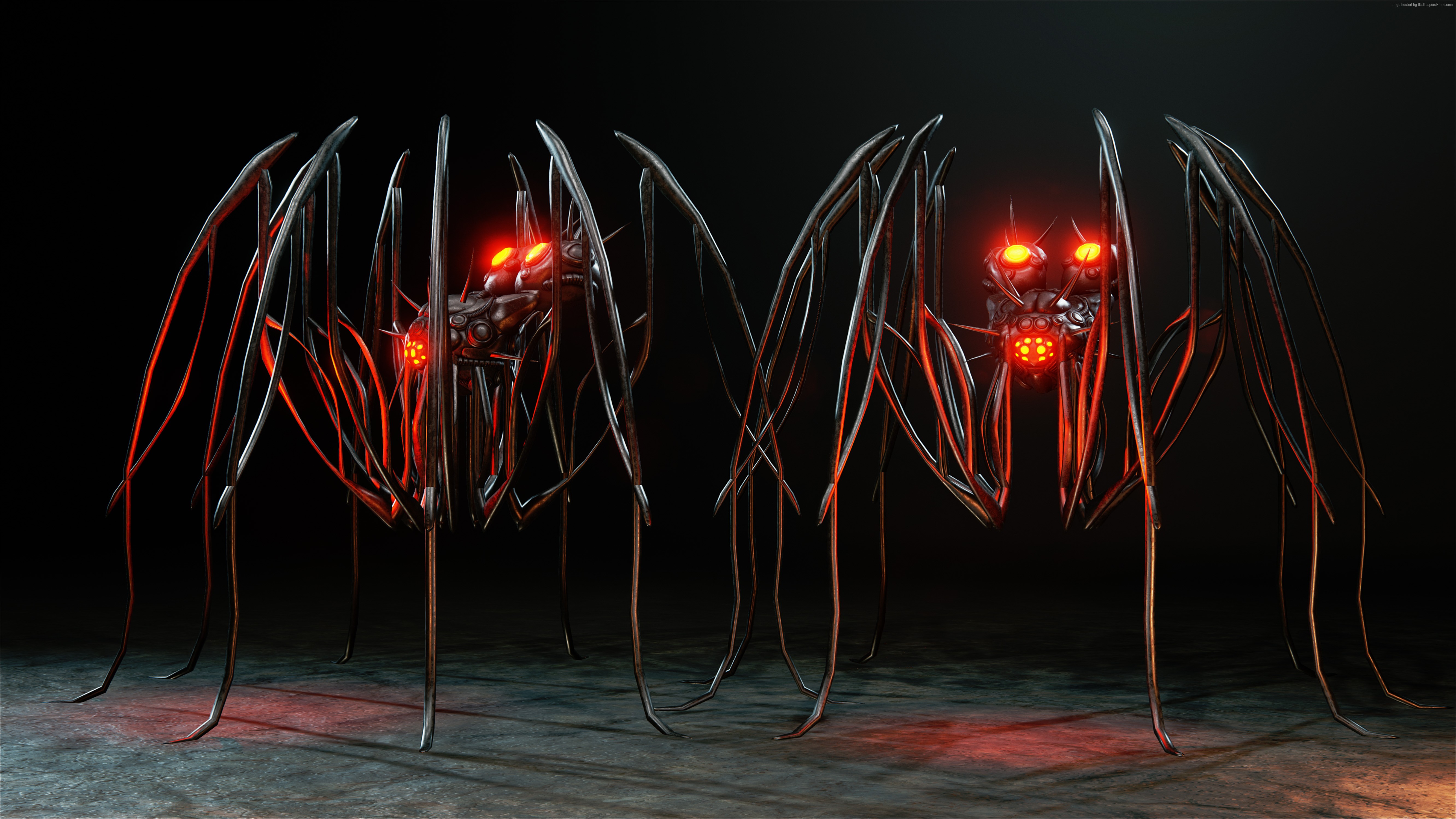 Two Sci-Fi Spider-like Robots with Red Eyes HD Wallpaper