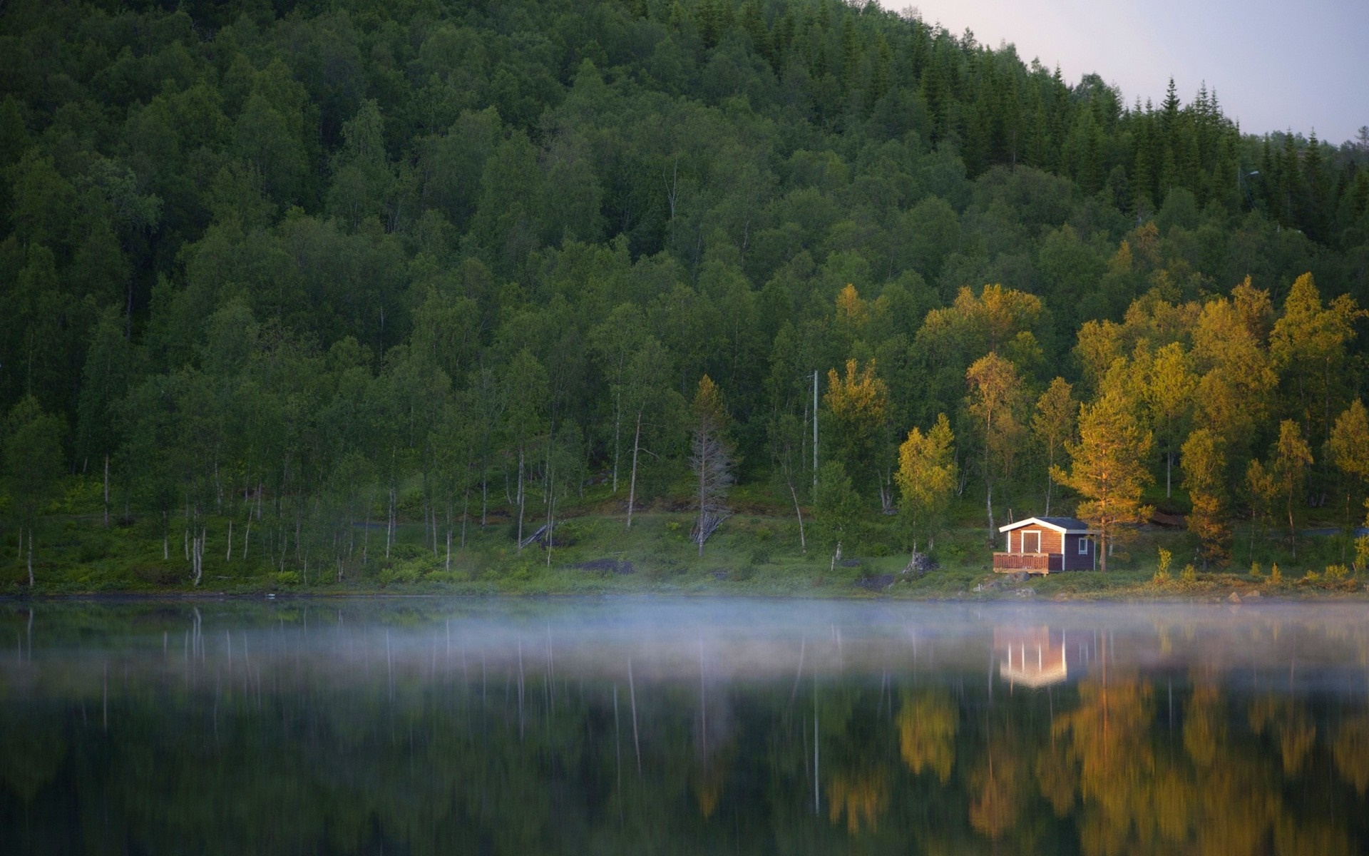 Cabin by a misty lake with a forest backdrop HD Wallpaper