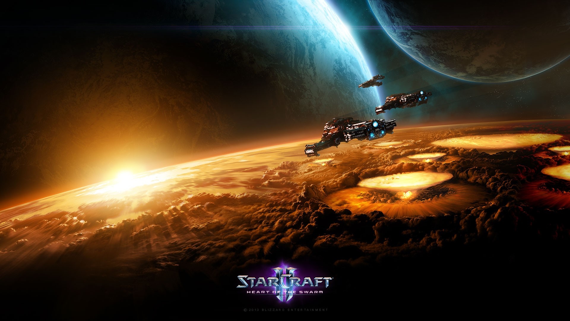 StarCraft II: Heart of the Swarm spaceships over a planet HD Wallpaper