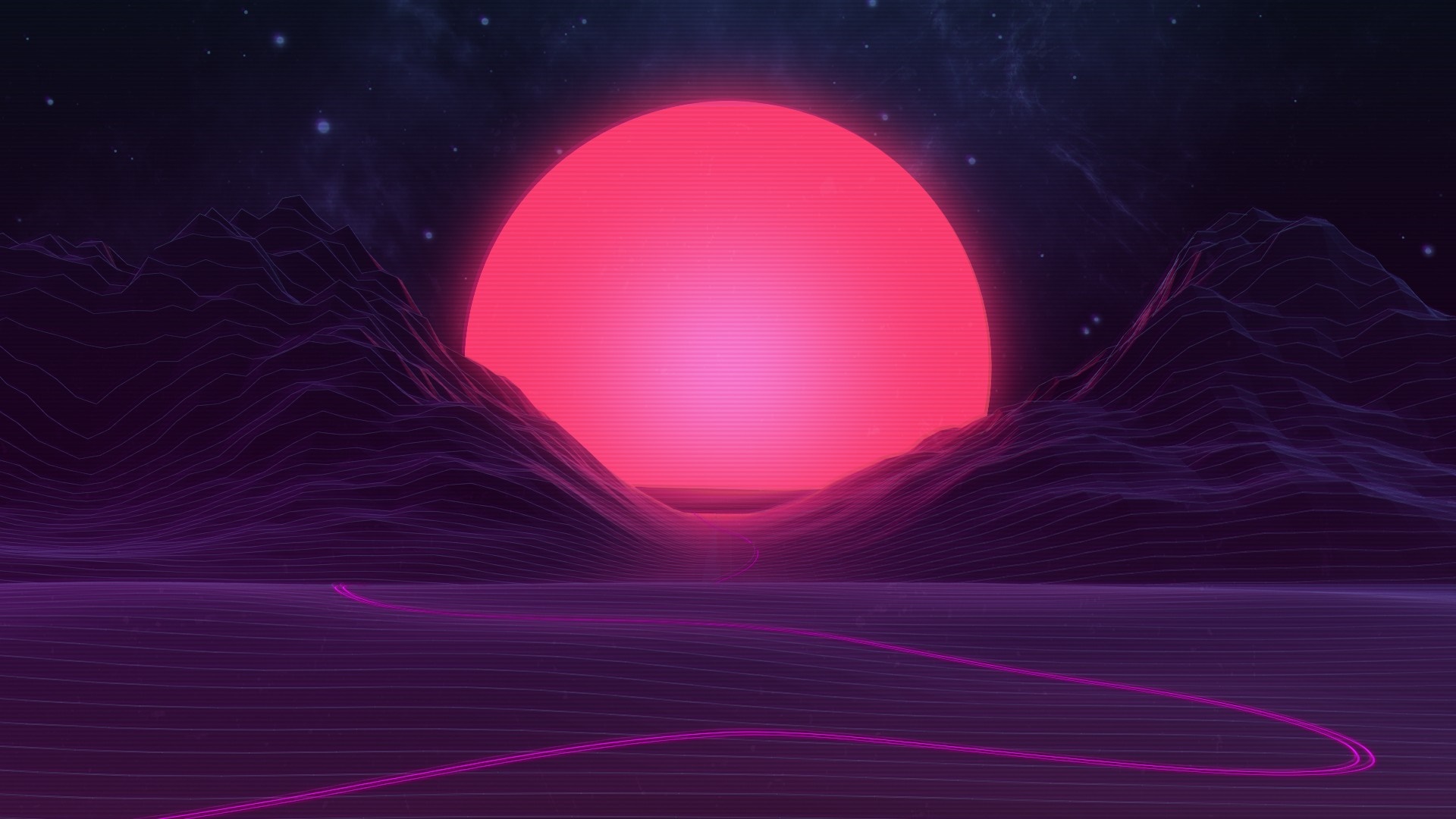 Retro digital landscape with a large pink sun HD Wallpaper