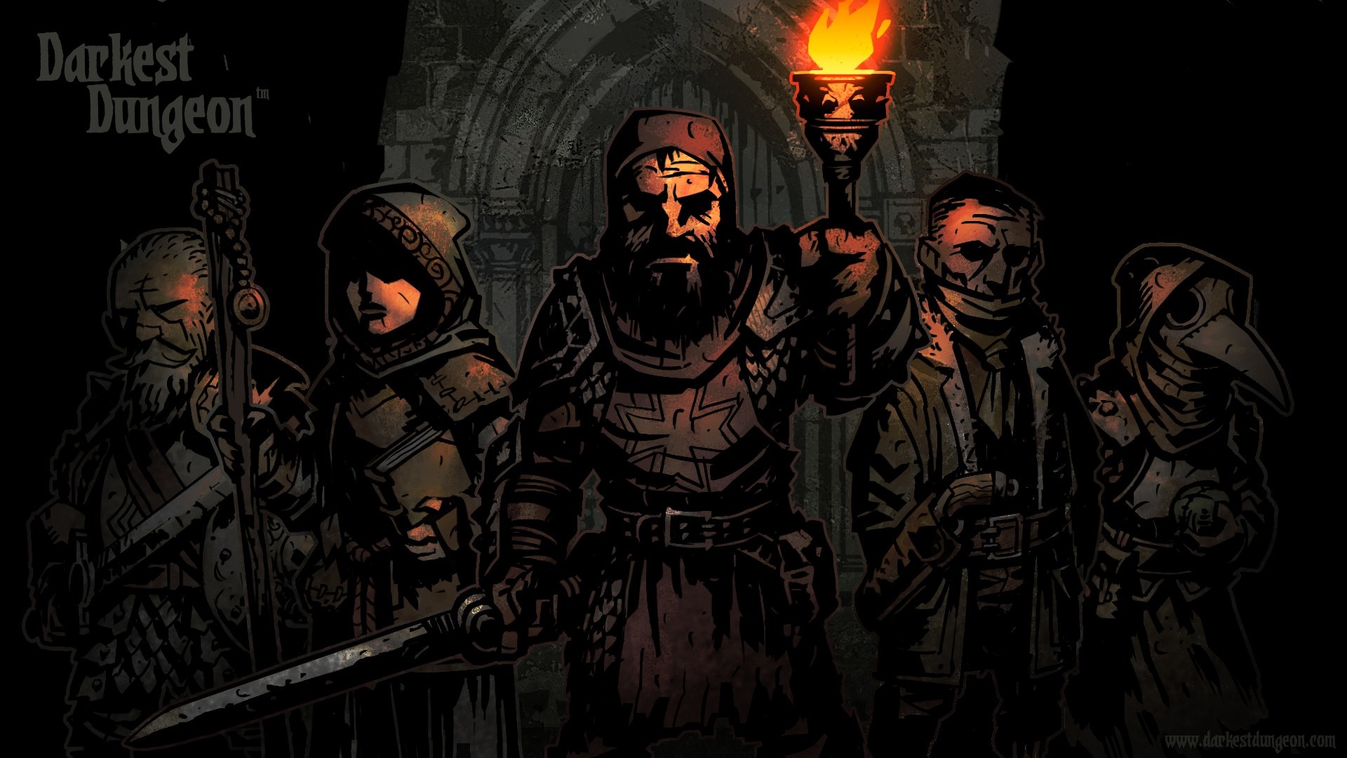 Darkest Dungeon characters holding a torch and weapons HD Wallpaper