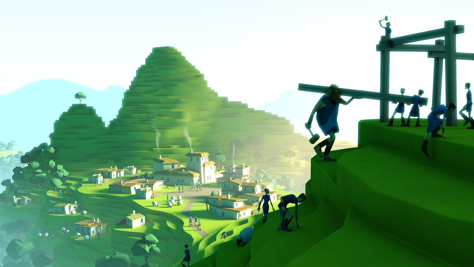 Godus screenshot of people building on a terraced landscape HD Wallpaper
