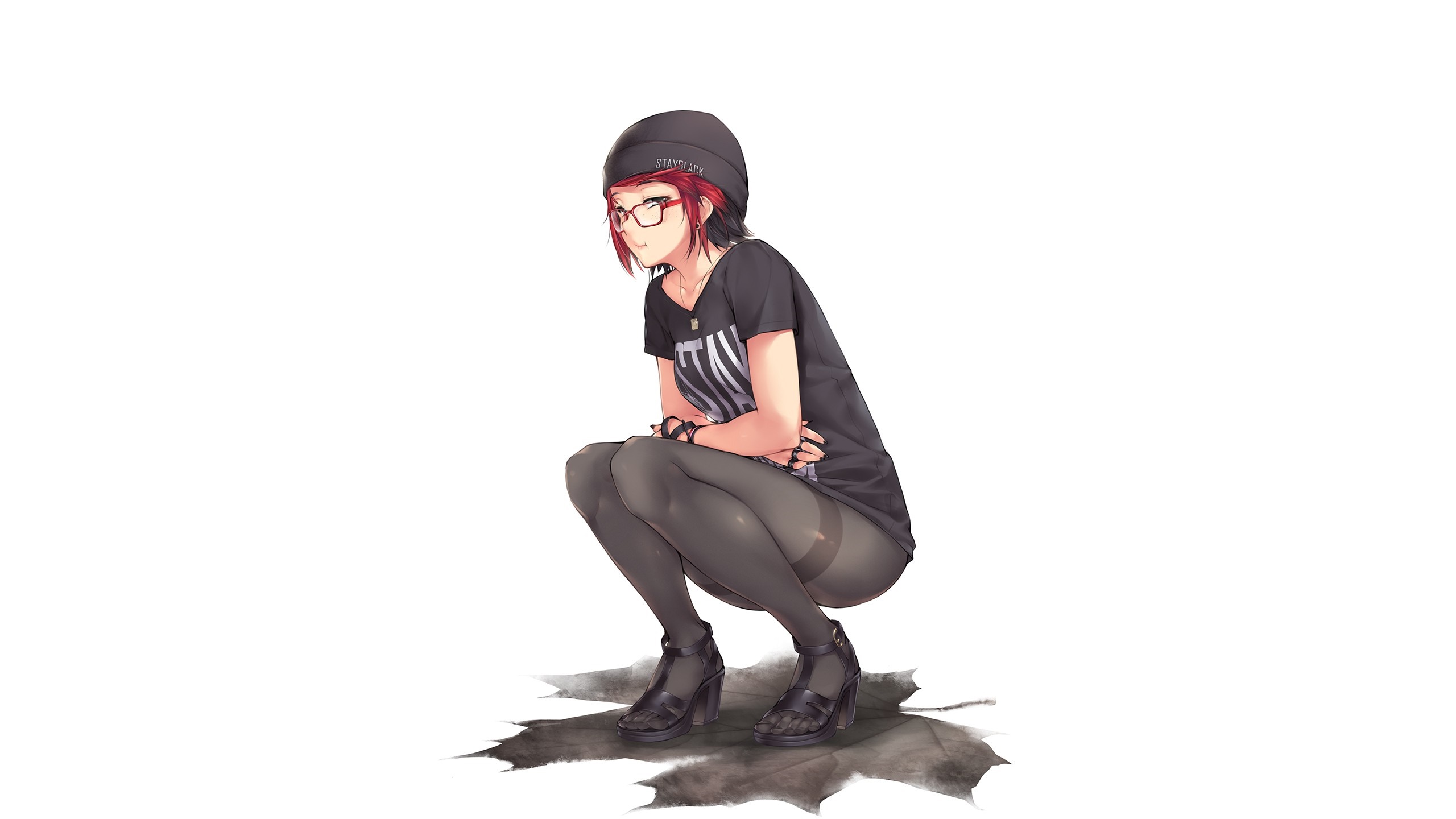 Redhead girl with glasses and beanie crouching HD Wallpaper