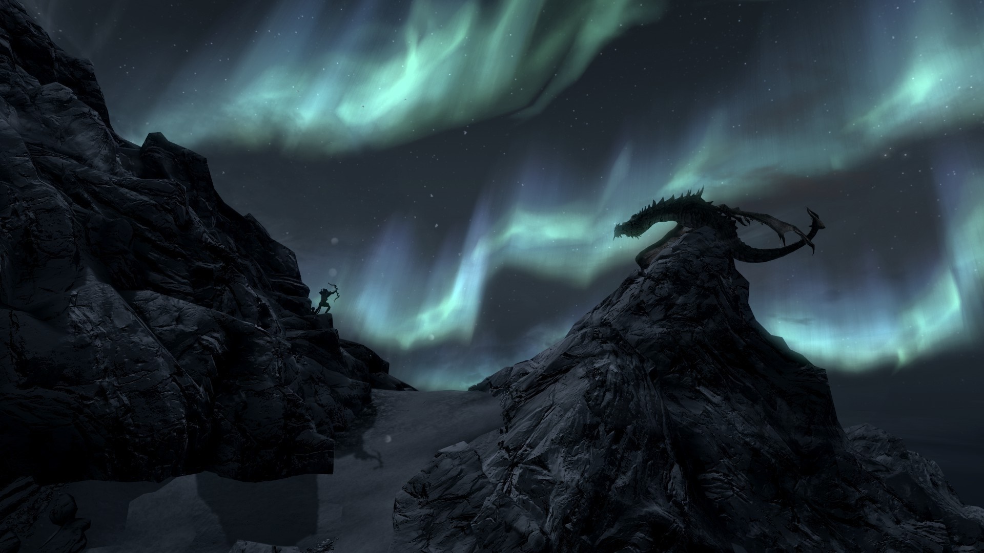 Dragon and archer under Aurora Borealis HD Wallpaper