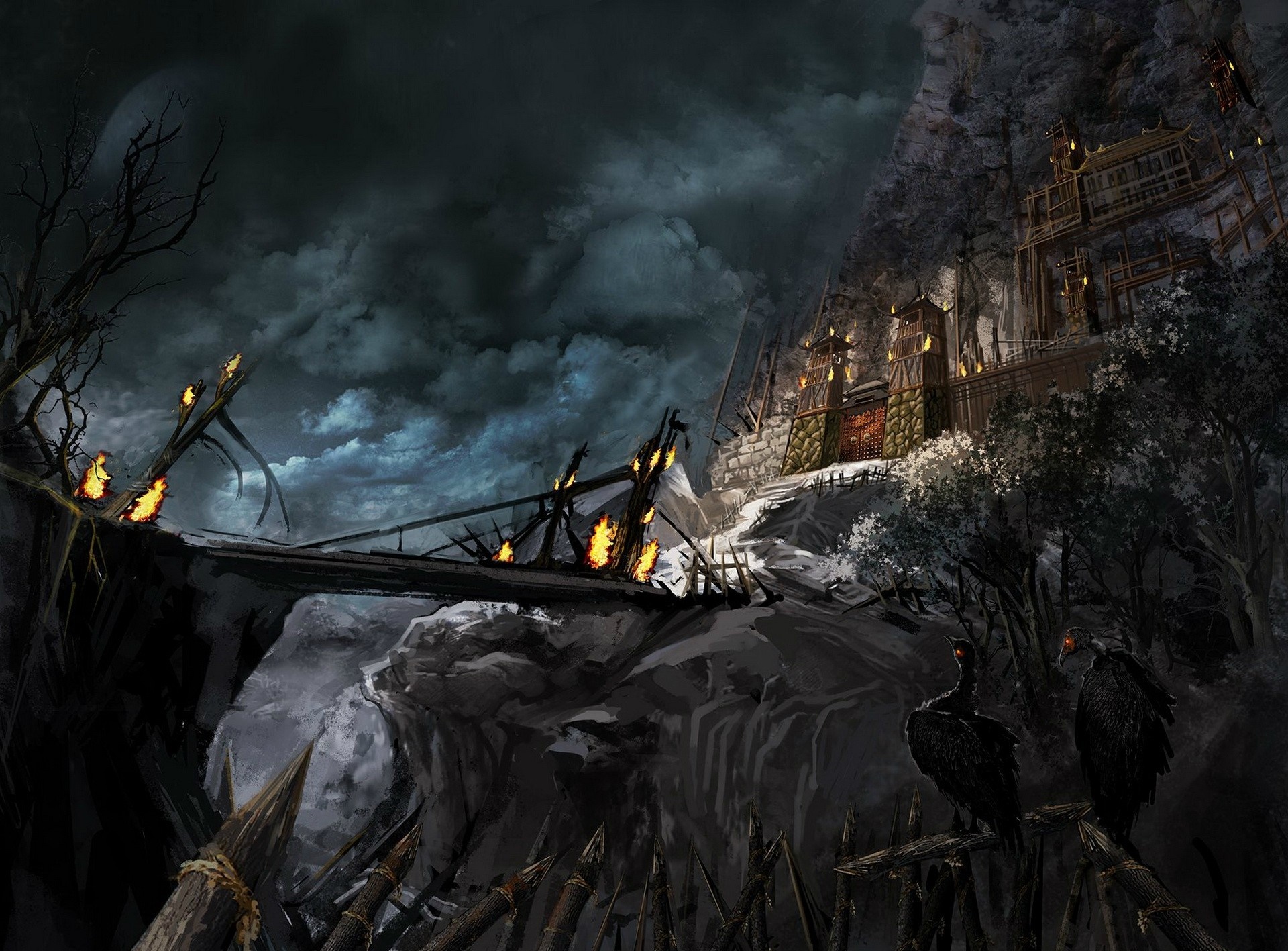 Fantasy art of a dark, rocky landscape with a burning bridge and a fortress HD Wallpaper