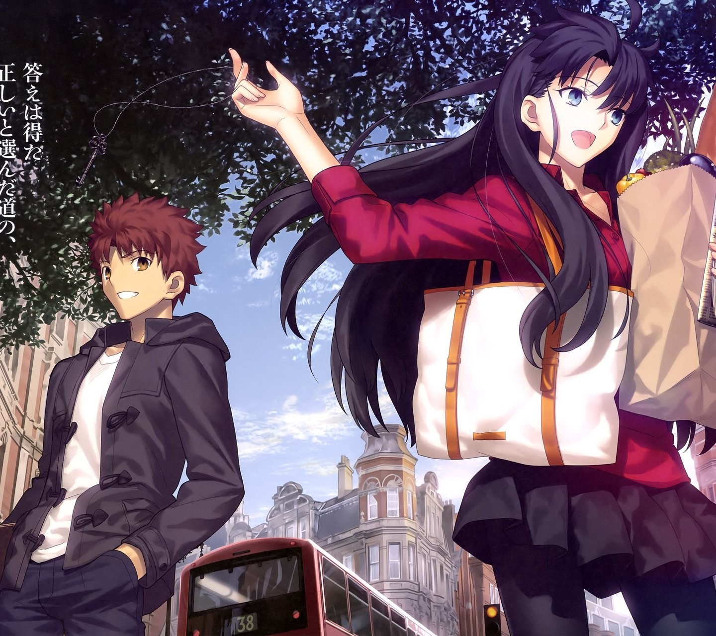 Rin Tohsaka and Shirou Emiya walking in a city HD Wallpaper