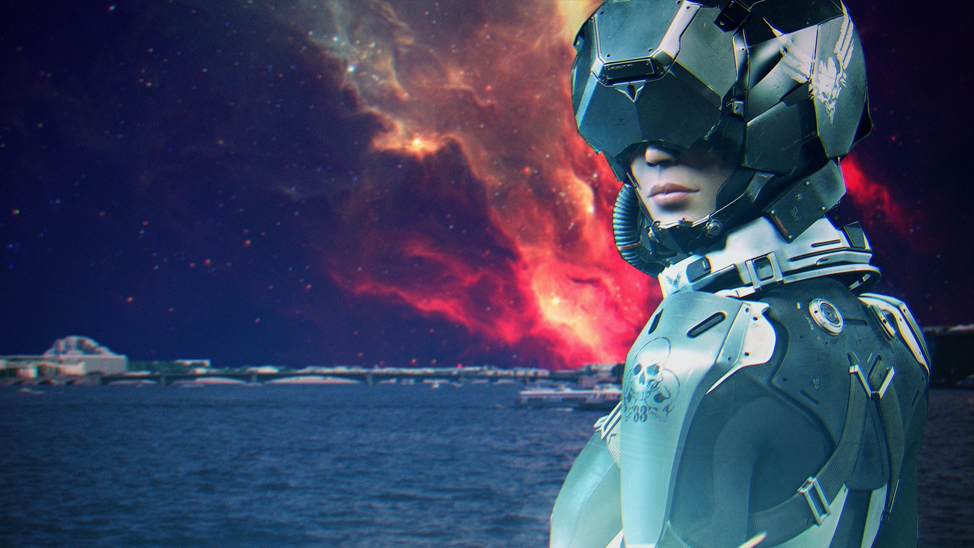 Futuristic astronaut in space with nebula and city HD Wallpaper