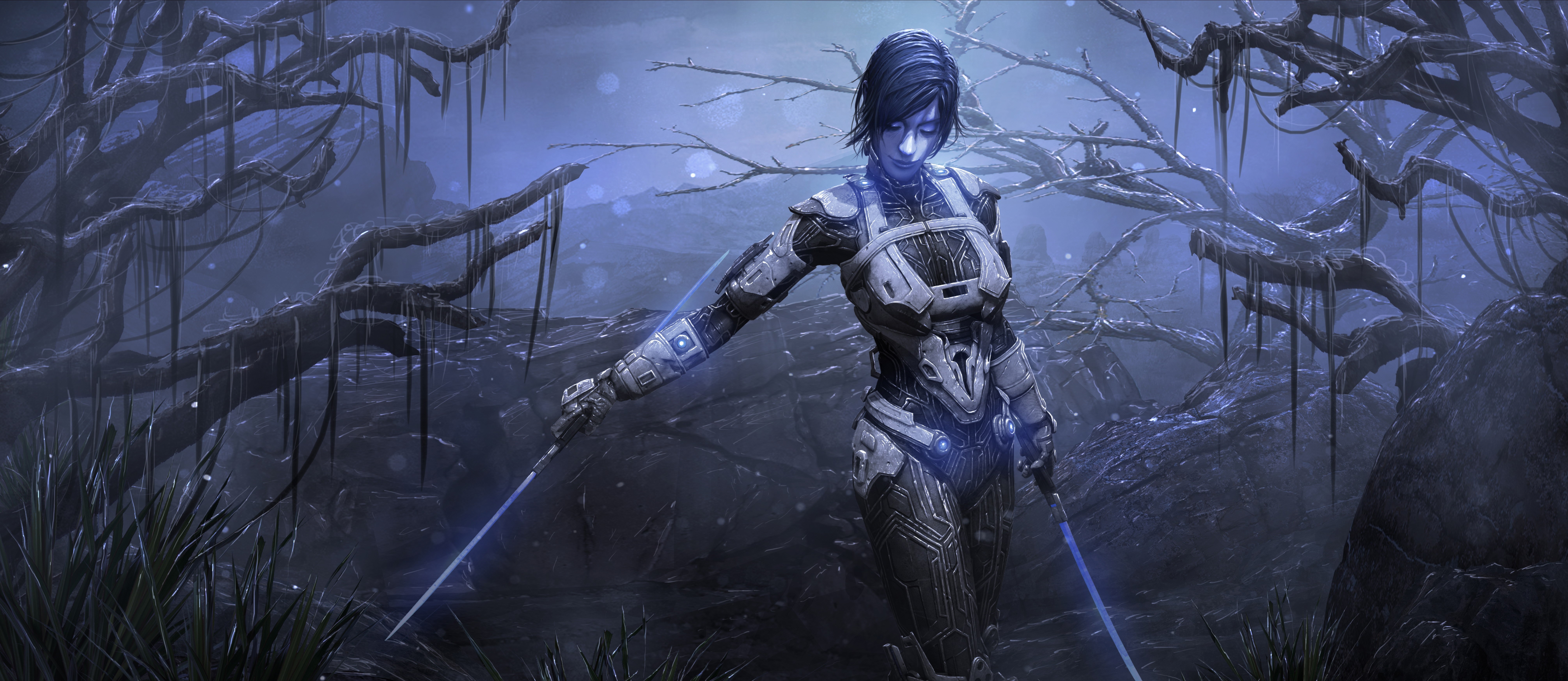 Woman in sci-fi armor with glowing swords in a dark forest HD Wallpaper