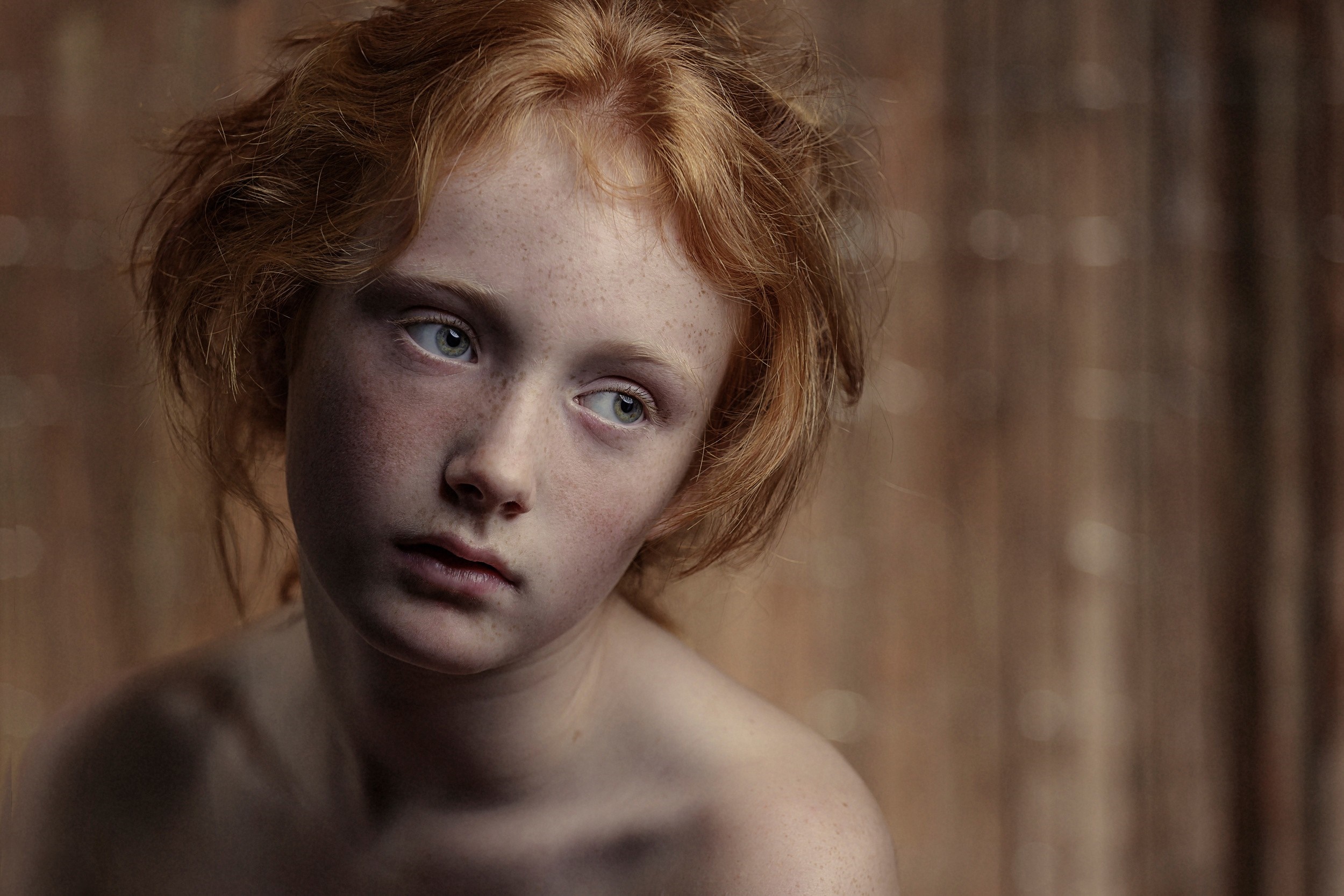 Portrait of a young girl with red hair and freckles HD Wallpaper