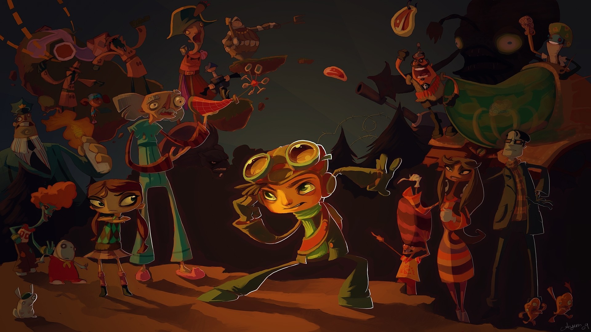 Characters from Psychonauts gathered in a dark, stylized scene HD Wallpaper