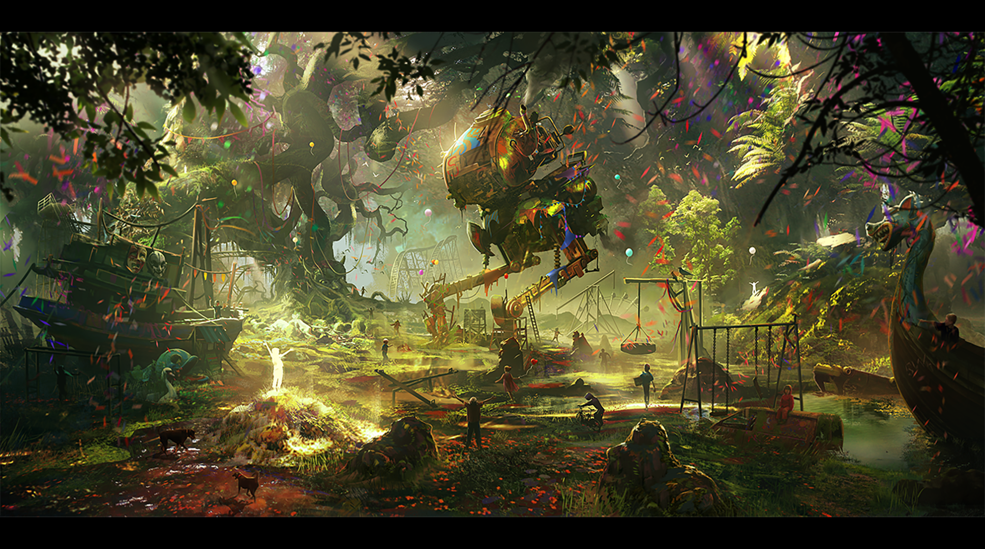 Fantasy jungle playground with robot and ship HD Wallpaper